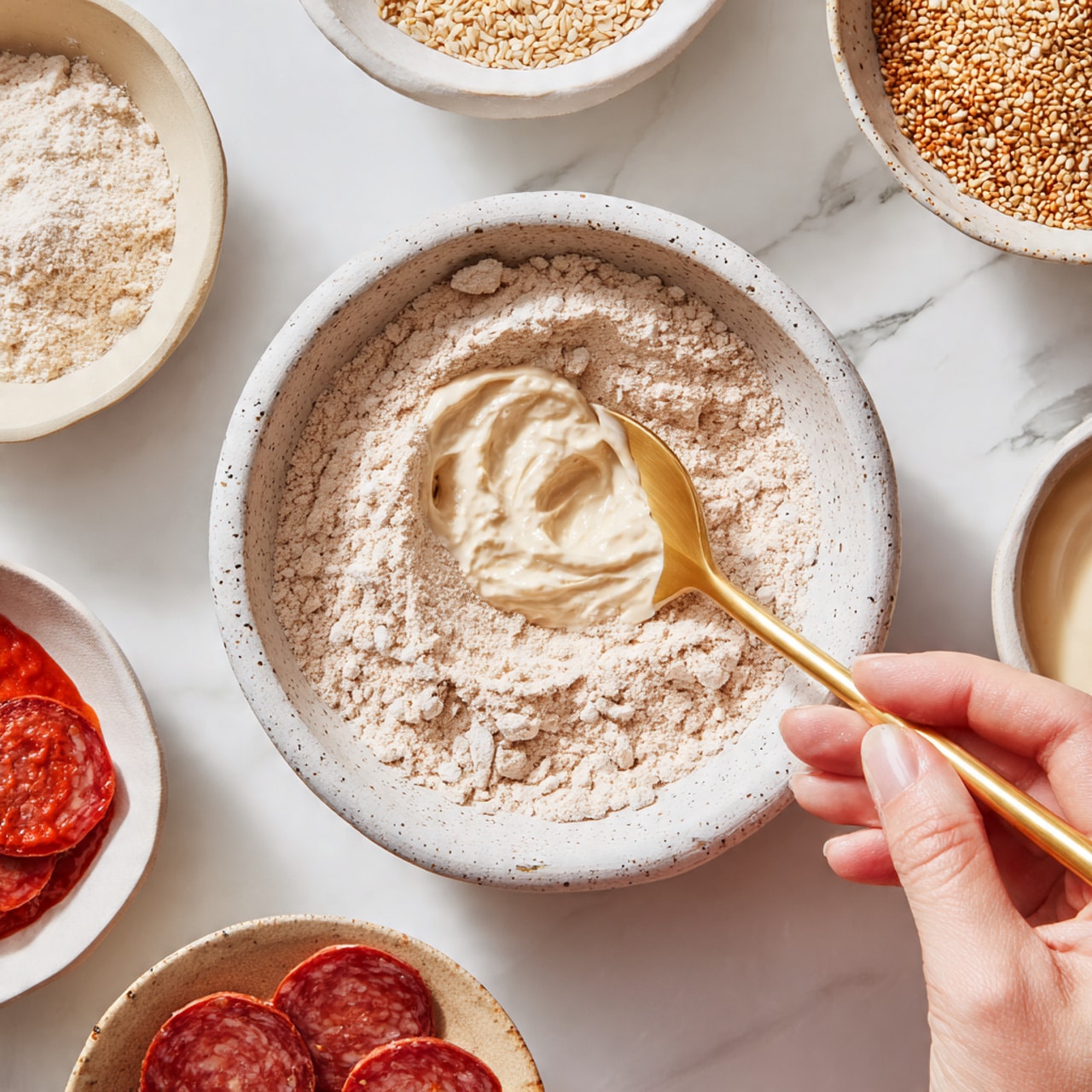 A close-up of a speckled white bowl filled with a dry, light brown powder and a dollop of a white creamy mixture in the center being mixed with a small gold spoon held by a woman's hand. Around the bowl, several white bowls with different ingredients are visible: a bowl with a red sauce on the right, a bowl with a light beige powder on the top left, a bowl with a white creamy sauce on the bottom right, a small bowl with brown seeds at the bottom center, and slices of red salami at the bottom left. All items are placed on a white marbled surface. photo taken with an iphone --ar 4:5 --v 7