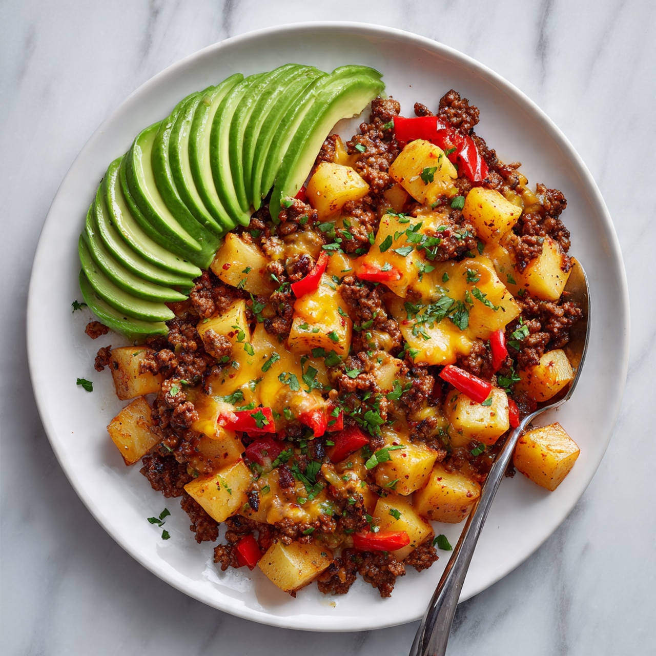 A white plate holds a colorful mix of food with three main layers: the bottom layer is a mix of browned ground meat and cooked yellow potatoes cut into small cubes, both giving a warm brown and golden color with seasoning visible; scattered throughout the dish are red bell pepper chunks adding bright red spots, and melted yellow cheese creating soft, creamy patches on top; on one side of the plate, there are thin slices of fresh avocado arranged in a curved stack, showing light green and creamy yellow shades with small bits of green herbs sprinkled over the entire dish for contrast; the background is a white marbled surface and a silver spoon is partially visible under the food photo taken with an iphone --ar 4:5 --v 7