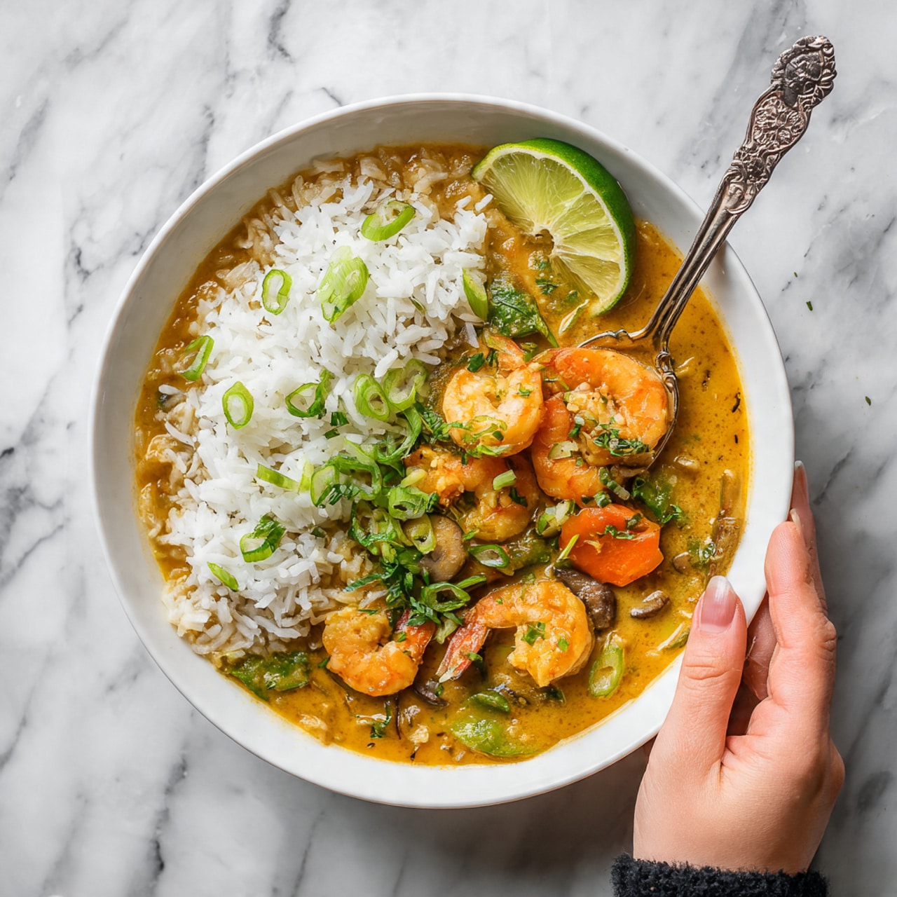 A white bowl holds a colorful shrimp curry soup with two main layers. On one side, white rice is topped with small green onion slices. The other side shows orange curry broth filled with bright orange shrimp, green leafy vegetables, sliced carrots, and mushrooms. A green lime wedge sits on the edge of the bowl. A woman's hand holds a silver spoon with an ornate handle, lifting a shrimp and some rice from the bowl. The bowl sits on a white marbled surface. Photo taken with an iphone --ar 4:5 --v 7