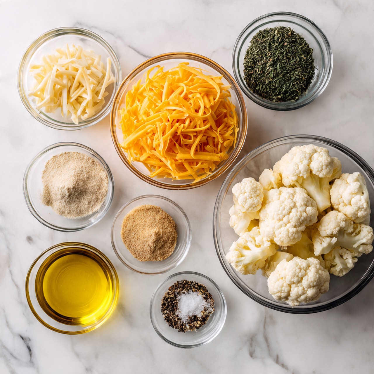 The image shows seven clear glass bowls arranged on a white marbled surface. The largest bowl at the bottom right contains light cream-colored cauliflower florets with a bumpy texture. Above it to the left is a medium bowl filled with bright orange shredded cheddar cheese, the thin shreds piling slightly above the rim. Around them are five small bowls holding various ingredients: at the top left, light beige onion powder; toward the top right, dark green dried dill; next to it on the right, a small bowl containing light brown garlic powder; below the dill, dried parsley with green and muted brown shades; on the bottom left, golden olive oil in a small bowl; and near the bottom left corner, a small bowl with white salt and black pepper mixed together. The setup is neat and clear, with each bowl distinctly visible. Photo taken with an iphone --ar 4:5 --v 7