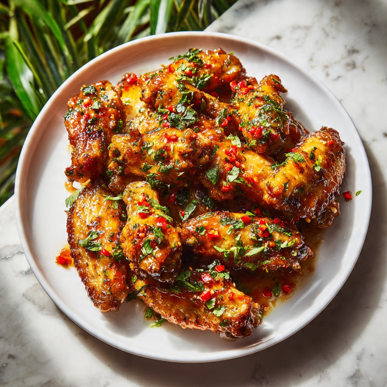 A white plate is filled with about two layers of golden-brown chicken wings covered in a shiny, sticky sauce. Bright green chopped herbs and small red chili pieces are scattered all over the wings, adding fresh color contrasts. The chicken wings look crispy on the edges with a moist texture from the sauce. The background shows a white marbled surface with blurred soft lighting and hints of green from a plant. photo taken with an iphone --ar 4:5 --v 7