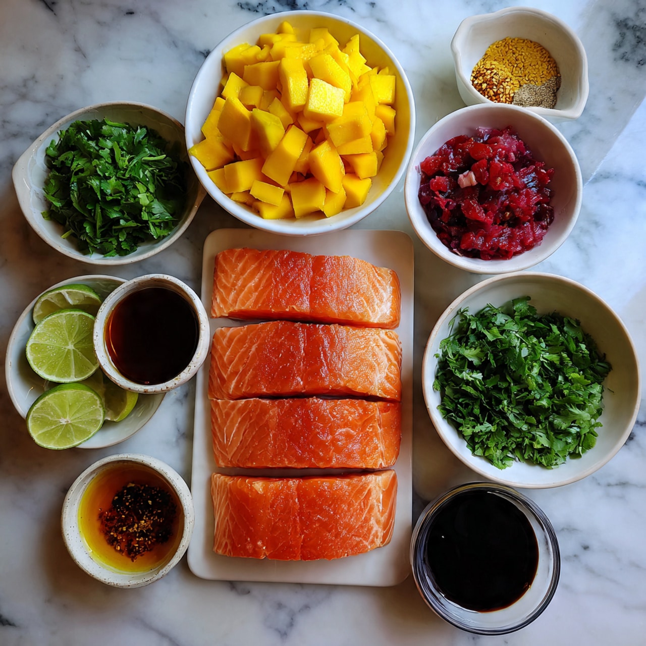 The image shows four thick salmon fillets with a shiny, caramelized brown top layer from cooking, placed side by side on a white rectangular plate. Each fillet is topped with bright yellow mango cubes and sprinkled with small green herb pieces. There is a glossy, amber-colored sauce pooling around the fillets on the plate. The background is a white marbled surface. Photo taken with an iphone --ar 4:5 --v 7