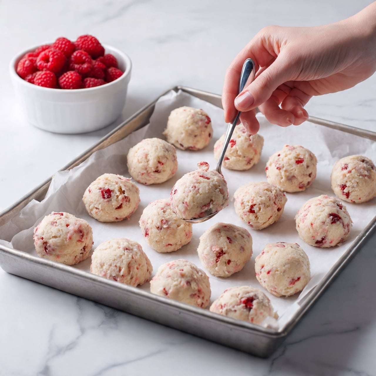 The image shows a white plate with a brown rim, placed on a white marbled table. On the plate, there is one layer of small round white chocolate balls. Each ball is decorated differently: some have thin dark brown chocolate lines drizzled over them, while others have tiny red pieces sprinkled on top. Among and around the balls, there are fresh red raspberries with a textured surface that looks soft and cold. Outside the plate, to the left, there is a white bowl filled with more red raspberries, and a single raspberry is lying on the white marbled surface near it. photo taken with an iphone --ar 4:5 --v 7