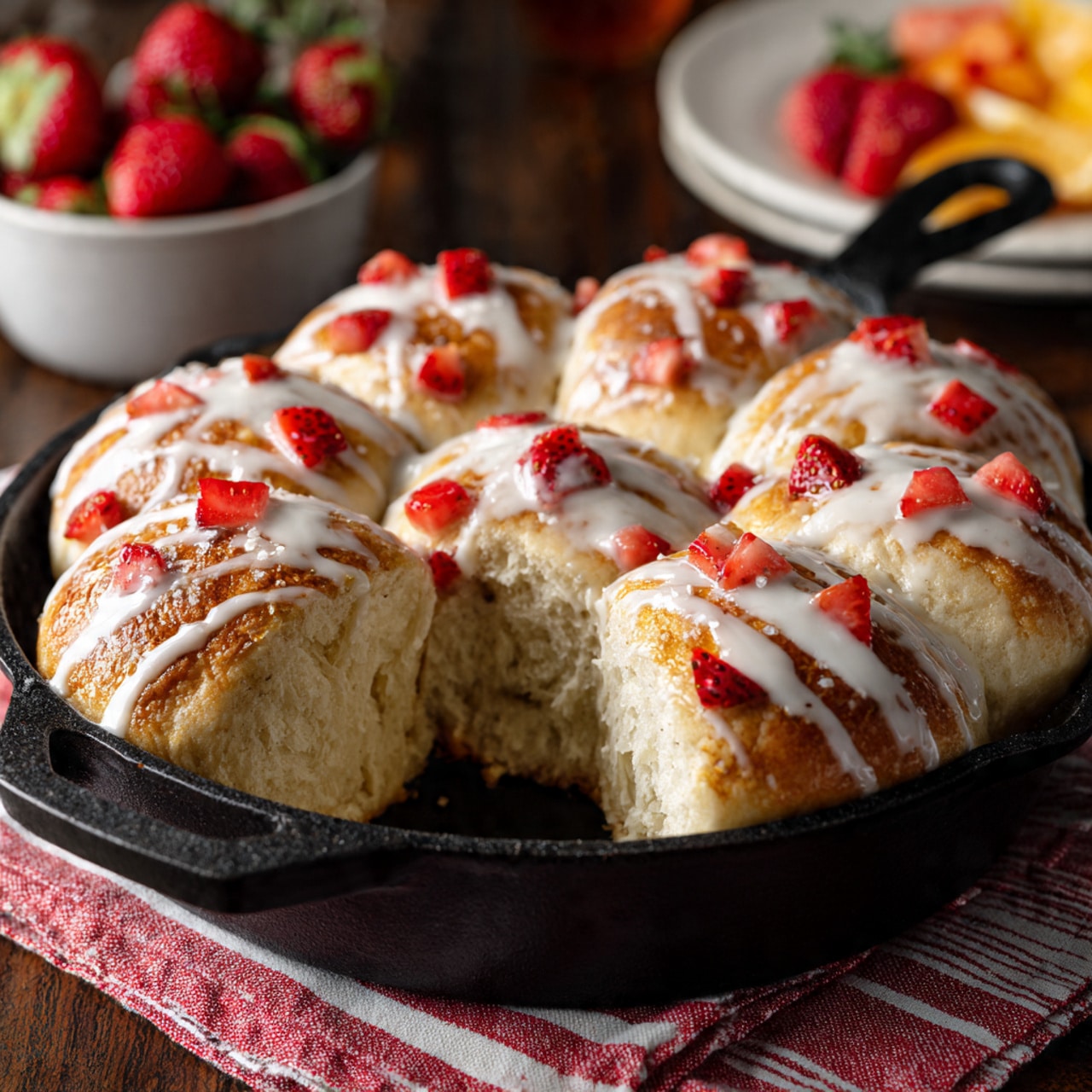A black cast iron skillet holds nine golden-brown biscuits covered with white icing drizzled unevenly on top. Small, bright red strawberry pieces are scattered across the biscuits, adding pops of color. The skillet is resting on a rich brown wooden surface with a white marbled texture in the background. To the left of the skillet, there is a red and white checkered cloth casually folded. Three whole strawberries with green leaves are placed on the background near the skillet. Part of a white plate with a biscuit and strawberry pieces sits at the lower left corner, and the cap of a milk bottle is visible at the lower right corner. photo taken with an iphone --ar 4:5 --v 7