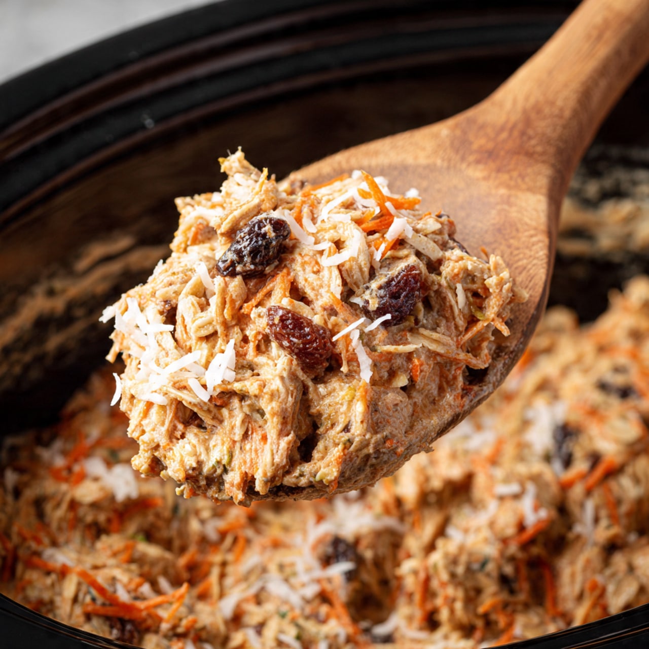 A close-up of a wooden spoon holding a thick, chunky mixture with visible layers of oats, shredded orange carrot, dark raisins, white coconut flakes, and small pieces of nuts in a creamy, light brown base. The spoon is above a black slow cooker filled with the same mixture, showing a dense, textured blend with the same colors and ingredients mixed throughout. The background has a white marbled texture that contrasts with the dark slow cooker and the vibrant, earthy colors of the food photo taken with an iphone --ar 4:5 --v 7