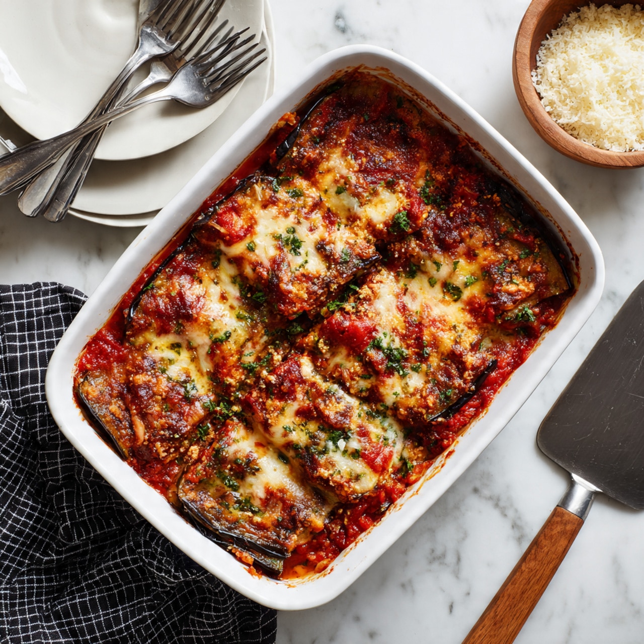 A white baking dish holds a baked lasagna with visible layers: a top layer of melted golden cheese with browned spots, bright red tomato sauce peeking through, and some green herbs sprinkled on top. The layers beneath show dark purple eggplant slices alternating with the sauce and cheese, creating a colorful, textured look. The dish is placed on a white marbled surface next to a white bowl of grated cheese and a white plate with three forks. A black and white checkered cloth and a metal spatula with a wooden handle are also partially visible nearby. photo taken with an iphone --ar 4:5 --v 7