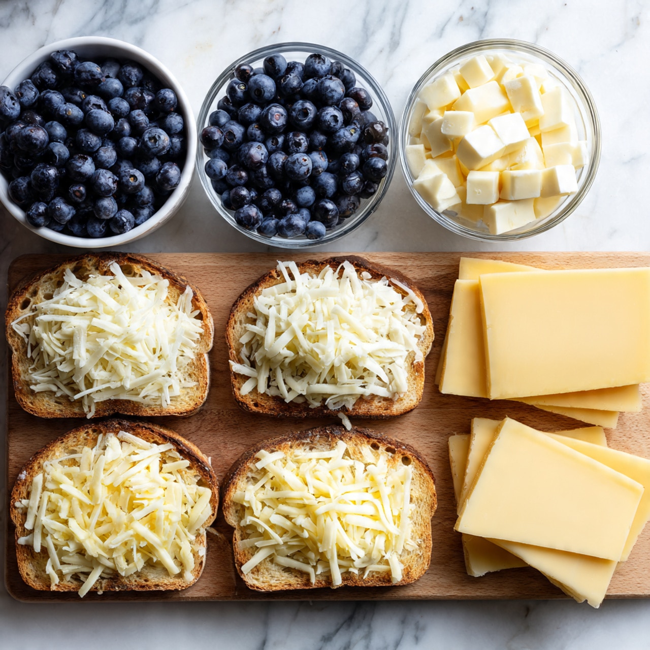 The image shows a wooden board with three toasted slices of bread placed at the bottom, each topped with different types of shredded pale yellow and white cheese varying in texture and thickness. Above the toasts, there are five small containers: two white bowls filled with fresh dark blue blueberries and butter cubes, one clear glass bowl with more blueberries, a white bowl piled high with shredded white cheese, and two rectangular slices of solid yellow cheese placed side by side. The scene is set on a white marbled surface for contrast, with the colors and textures of the cheeses, blueberries, and toast standing out clearly. Photo taken with an iphone --ar 4:5 --v 7