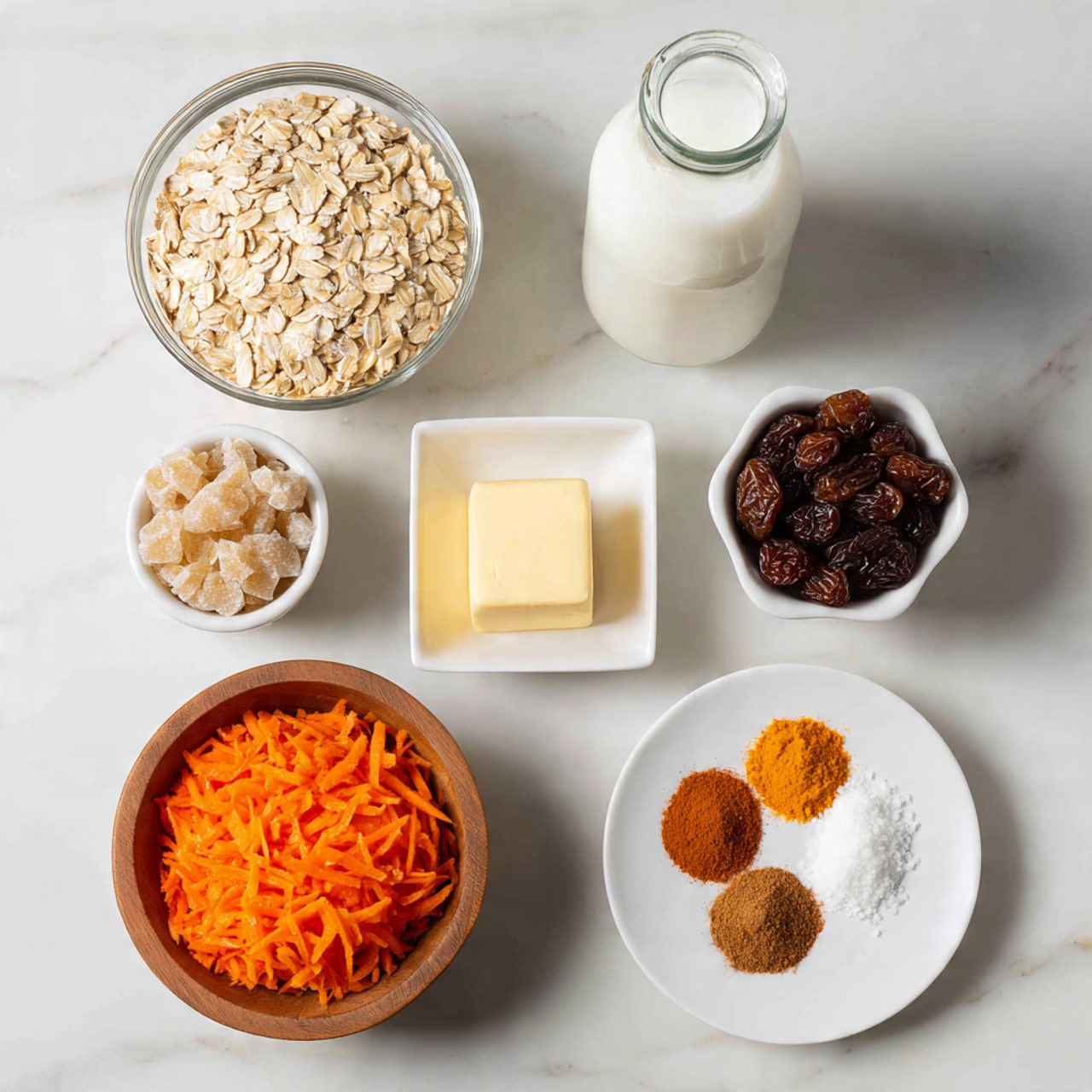 The image shows eight bowls and a glass bottle placed neatly on a white marbled surface. At the top center is a clear glass bowl filled with light tan rolled oats. To its right is a clear glass bottle with white milk. Below the oats and slightly to the right is a white bowl holding dark brown raisins. Directly below the raisins is a small white square dish with a pale yellow chunk of butter. To the left of the butter is a small white bowl with rough, light brown sugar. Below the sugar is another white bowl filled with bright orange shredded carrots. At the bottom left, there is a small wooden bowl full of white shredded coconut. On the bottom right, a white plate holds four piles of ground spices in shades of orange, brown, and dark brown arranged in a circular pattern. The overall setup is clean and organized. photo taken with an iphone --ar 4:5 --v 7