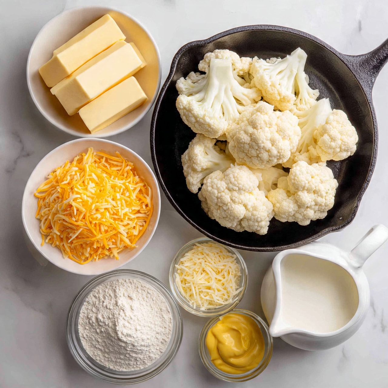 The image shows six bowls and a skillet on a white marbled textured surface. In the center, a black skillet holds large white cauliflower florets. Above the skillet, a white bowl is filled with a heap of bright orange shredded cheese. To the left of the cheese, a white bowl contains several thick sticks of pale yellow butter. Below the butter, a clear glass bowl is filled with white flour. Below the skillet, another white bowl holds a smaller amount of finely shredded pale yellow cheese. To the right of the skillet, a small clear glass bowl contains a dollop of yellow mustard, and next to it, a white bowl with a pouring spout holds white milk. The bowls and skillet are neatly arranged in a circular pattern on the surface. Photo taken with an iphone --ar 4:5 --v 7