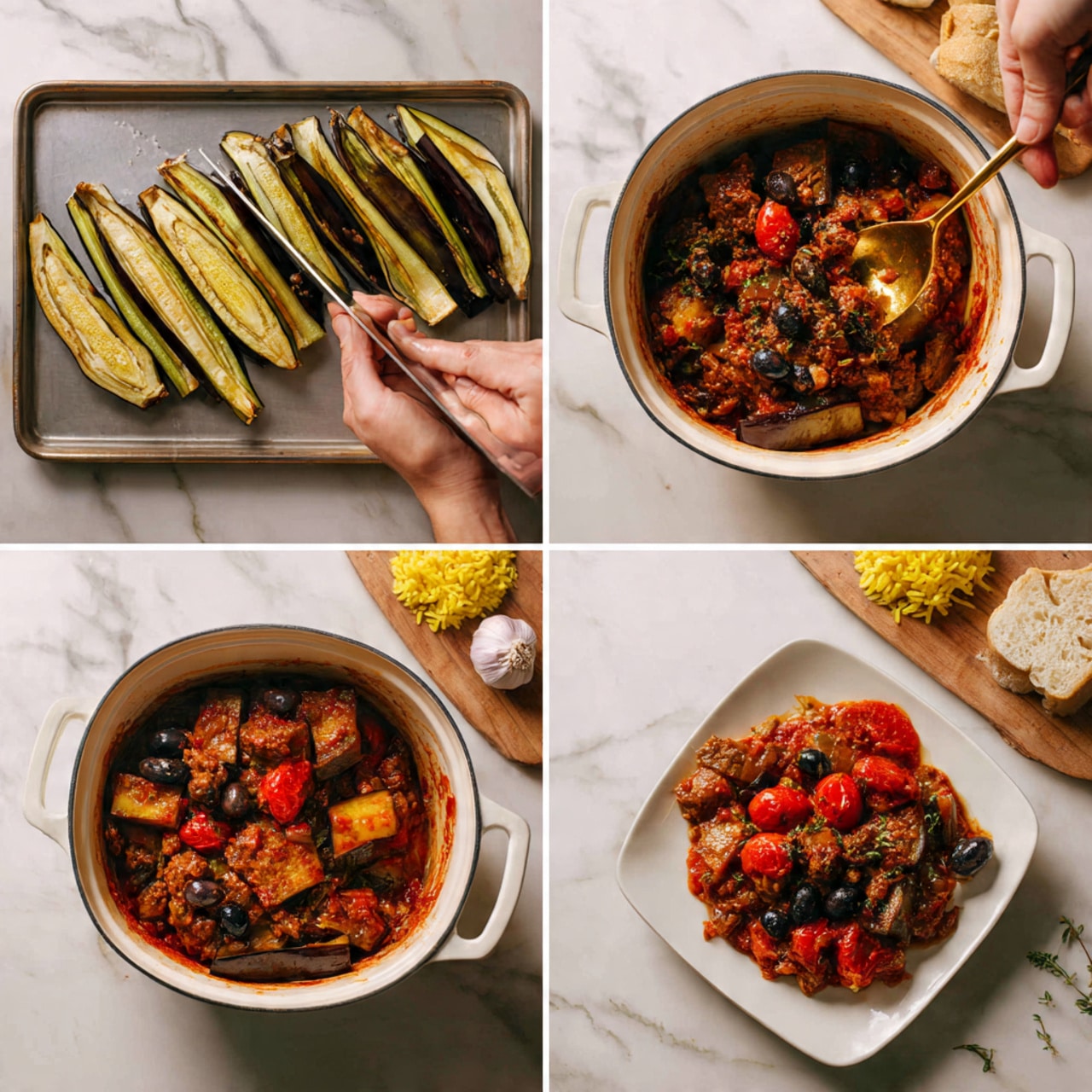 The image shows a step-by-step process of making a cooked eggplant and meat stew. First, thick slices of eggplant with a pale green inside and dark purple skin are lined up on a tray on a white marbled surface, with a woman's hand holding a knife to make thin slices in the eggplants. Next, layers of cooked eggplant pieces and chunks of brown meat are added to a white pot with a rich red sauce, along with whole black olives. The sauce covers the ingredients, which look soft and tender. In the third frame, small bright red cherry tomatoes are added on top of the stew inside the pot, creating colorful spots among the sauce, meat, and eggplant. The last frame shows the stew being served, with a scoop of yellow rice on a square white plate, surrounded by pieces of eggplant, meat, olives, and cherry tomatoes, with sauce being poured over by a golden spoon. The background is a white marbled surface with a wooden board and garlic nearby, photo taken with an iphone --ar 4:5 --v 7