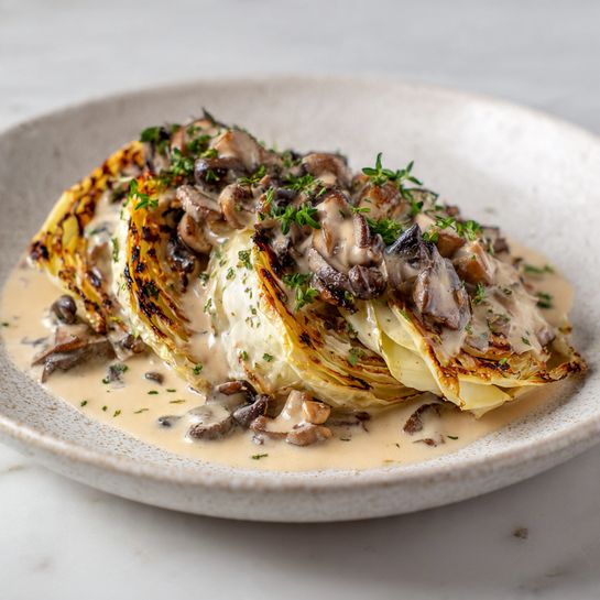 The dish features five thick, round slices of grilled cabbage arranged in a circular pattern on a white plate, each slice showing strong grill marks and a golden-brown color on the outer edges with pale green and white inner layers. In the center, there is a creamy sauce mixed with different types of cooked mushrooms in shades of light brown, tan, and dark brown, layered over the cabbage. Small chopped green herbs are sprinkled generously over the entire dish, adding a pop of color and freshness. The plate rests on a white marbled surface. photo taken with an iphone --ar 4:5 --v 7