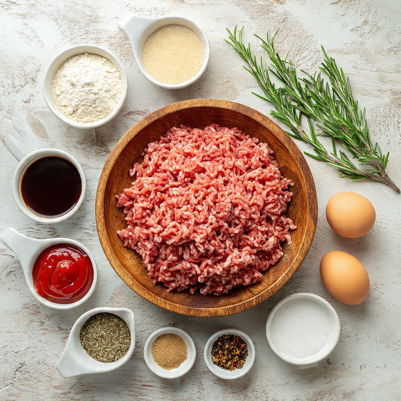 In the center, there is one large round wooden bowl filled with raw ground meat, showing a textured mix of pink and red strands. Around the bowl, there are several small white measuring cups and bowls holding different ingredients: a cup of white breadcrumbs, a cup of red ketchup, a small bowl with a dark brown liquid, a tiny bowl of light brown powder, a small bowl of white granules, and a small bowl with a mix of dried herbs and brown spices. On the right side, there are two light brown eggs and a whole white garlic bulb. Near the top right, two fresh green rosemary sprigs lie on the surface. All these are placed on a wood-textured surface changed to a white marbled texture in the description. Photo taken with an iphone --ar 4:5 --v 7