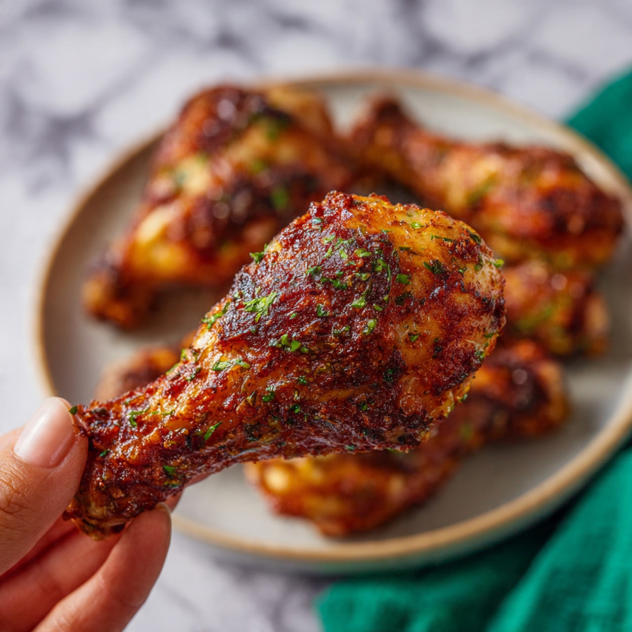 The image shows a white plate filled with many grilled chicken drumsticks and wings that have a dark red and brown crispy surface with charred spots. Some green herb leaves are scattered on top of the chicken pieces. Around the chicken on the plate are several lemon wedges with bright yellow skin and pale yellow inside. The plate is placed on a wooden surface with a white marbled texture visible at the edges, and part of a green cloth is seen to the side. photo taken with an iphone --ar 4:5 --v 7