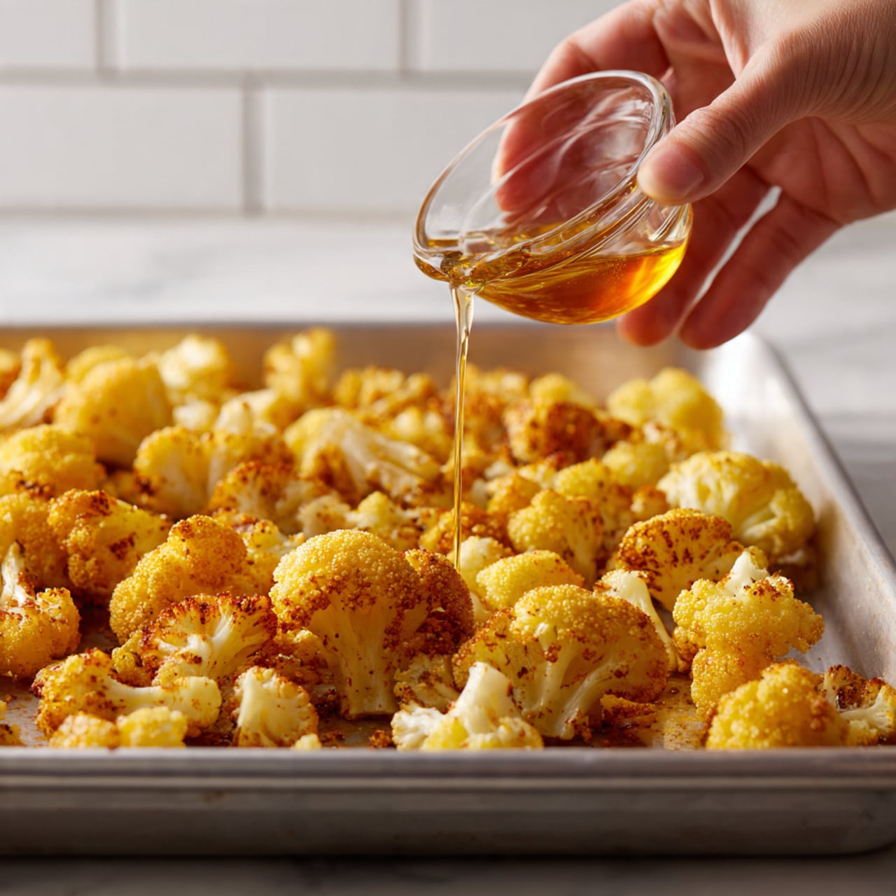 A close-up view of roasted cauliflower pieces spread evenly across a silver baking tray, each piece golden yellow with hints of darker roasted spots and a textured surface showing seasoning. Above the tray, a woman's hand holds a small clear glass bowl tilted downward, pouring a thin stream of light amber liquid over the cauliflower. The background features a white marbled surface and a white subway tiled wall. photo taken with an iphone --ar 4:5 --v 7