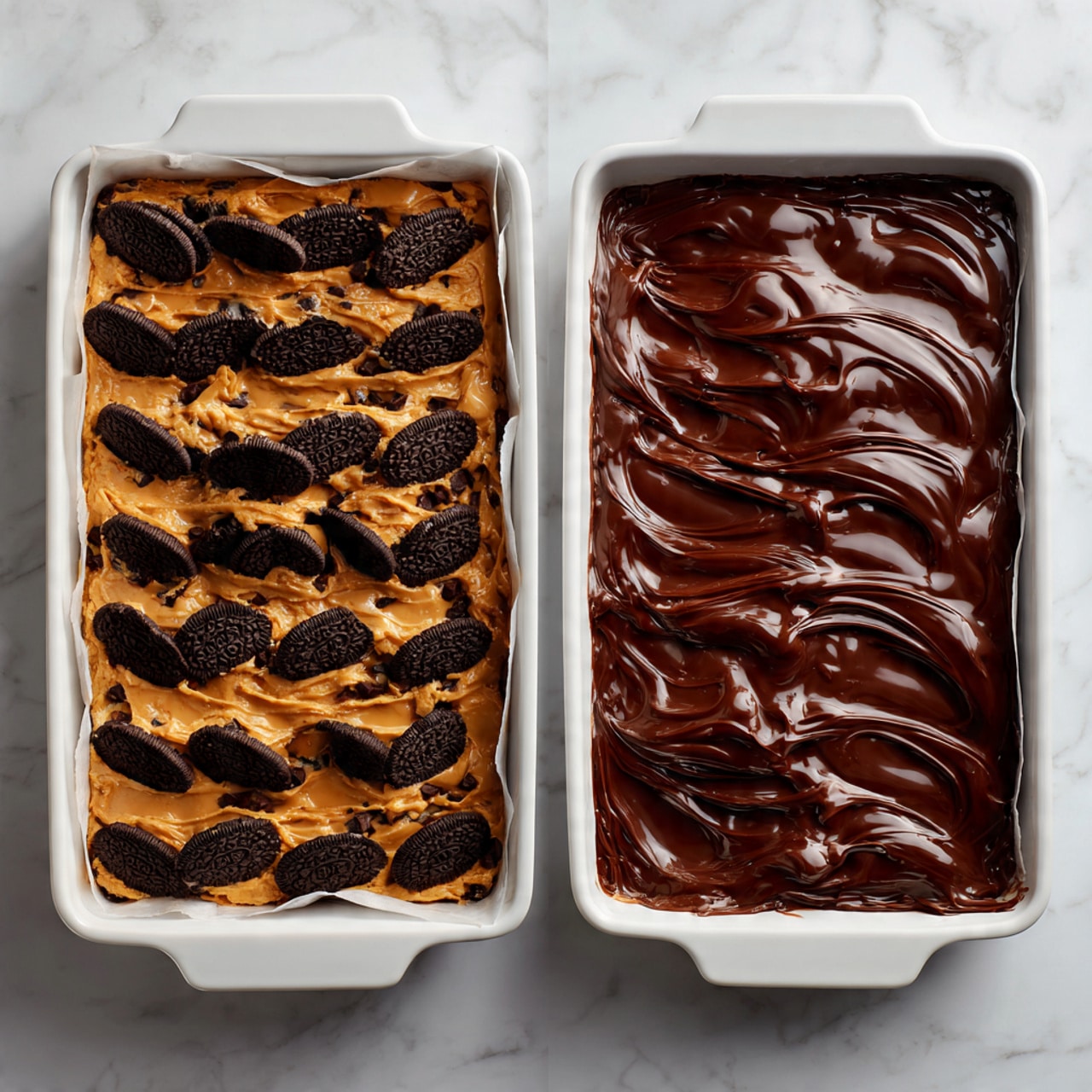 The image shows two stages of a layered dessert in a white rectangular baking tray lined with parchment paper, placed on a white marbled surface. On the left side, the dessert has a base layer of light brown peanut butter spread with whole chocolate sandwich cookies placed on top in rows, then thick, glossy dark chocolate spread in uneven blobs covering the cookies and parts of the peanut butter. On the right side, the same tray shows the dessert fully covered with a smooth and even dark chocolate layer, creating a shiny and rich top coat. Photo taken with an iphone --ar 4:5 --v 7