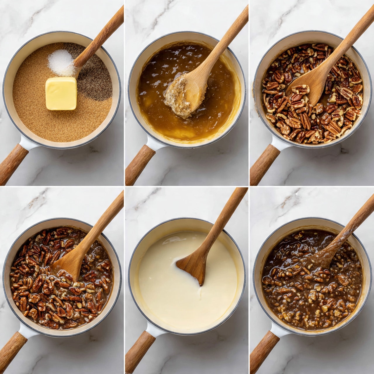 The image shows six steps of making pecan pie cookie filling in a white pot with a wooden handle, placed on a white marbled surface. Step 1 displays three layers of brown sugar, light brown sugar, and a small yellow butter cube on the top center. Step 2 shows the same sugars and butter partially melted with a small wooden spatula stirring from the right side. Step 3 features lots of chopped pecans in a thick light brown mixture with the wooden spatula standing upright in the pot. Step 4 has a darker mixture with chopped pecans spread evenly and the wooden spatula not visible. Step 5 shows cream poured on top of the pecan mixture with cream mostly white and pecans visible beneath. Step 6 displays the final thick, dark brown pecan mixture with chopped pecans evenly mixed together inside the pot. The photo taken with an iphone --ar 4:5 --v 7