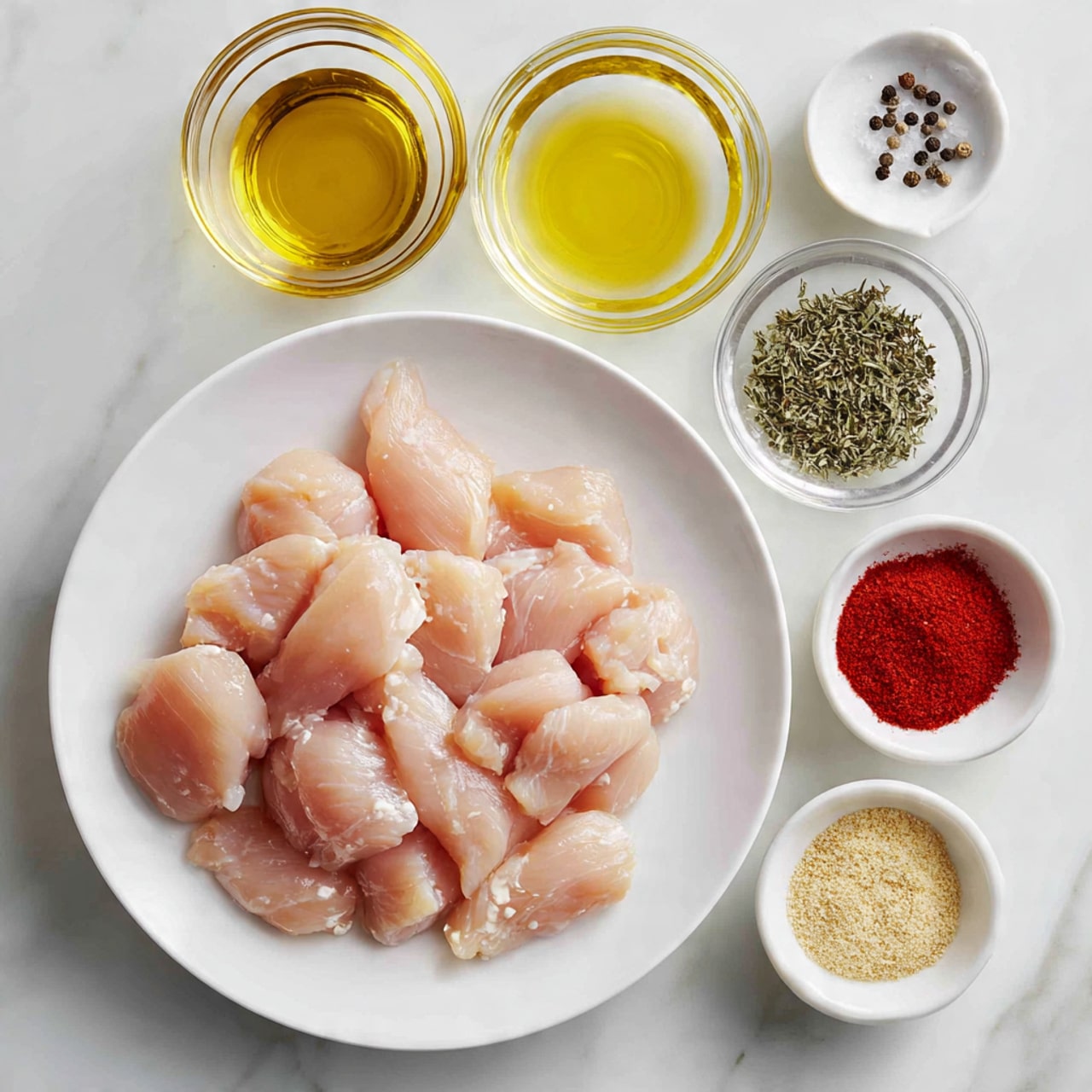A white plate holds several pale pink chicken tenderloins loosely piled in the center. To the right of the plate are six small white bowls and clear glass containers arranged vertically on a white marbled surface. From top to bottom, a small clear bowl is filled with golden olive oil, below it a white bowl contains dried green thyme leaves, next is another small clear bowl with light yellow lemon juice, under that a white bowl has bright red paprika powder, beneath is a white bowl filled with light tan garlic powder, and at the bottom, a white bowl is divided showing both white salt and black pepper side by side. photo taken with an iphone --ar 4:5 --v 7