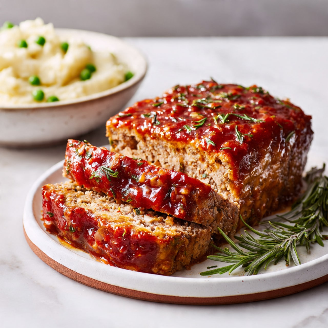 The image shows a loaf of meatloaf on a white plate with brown rings near the edge, placed on a white marbled surface. The meatloaf is covered with a thick red sauce mixed with herb bits, especially rosemary. The loaf is sliced into four pieces; the top slice reveals the dense, brown meat texture inside with a layer of the same red sauce on the top side. Green herb leaves are sprinkled lightly on the sauce and meat. To the right side of the plate is a sprig of fresh rosemary. In the background, there is a bowl of mashed potatoes with green peas visible, slightly blurred. The photo is taken with an iphone --ar 4:5 --v 7