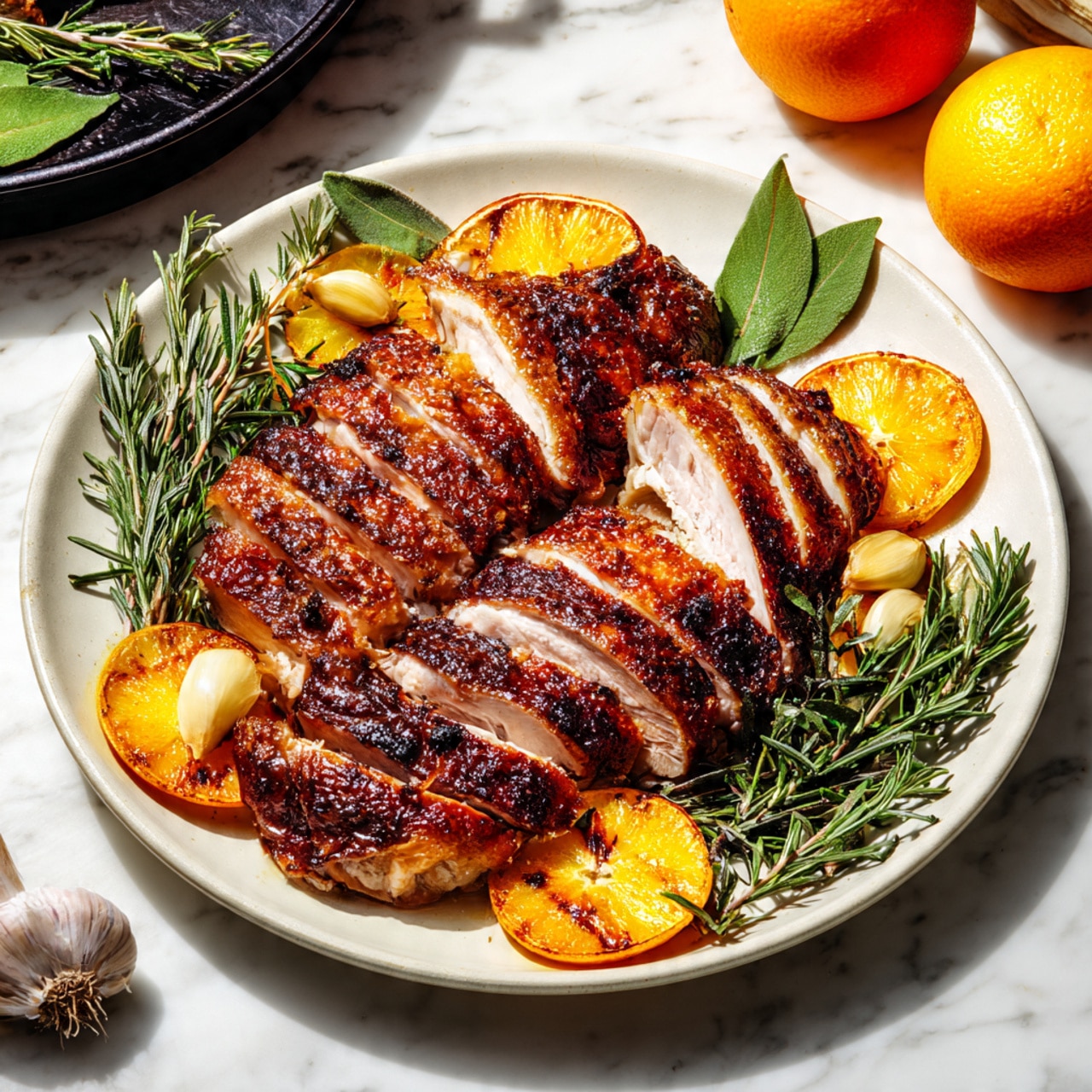 A whole roasted chicken with crispy golden-brown skin sits centered in a black roasting pan. Around the chicken, there are slices of lemon with a mix of fresh green rosemary and thyme sprigs scattered in layers beneath and around it. The lemon slices vary in color from bright yellow to slightly charred brown edges. The chicken's texture looks juicy and well-seasoned, with small visible specks of spices. The black pan contrasts with the white marbled texture surface underneath, adding a clean and fresh look. Photo taken with an iphone --ar 4:5 --v 7
