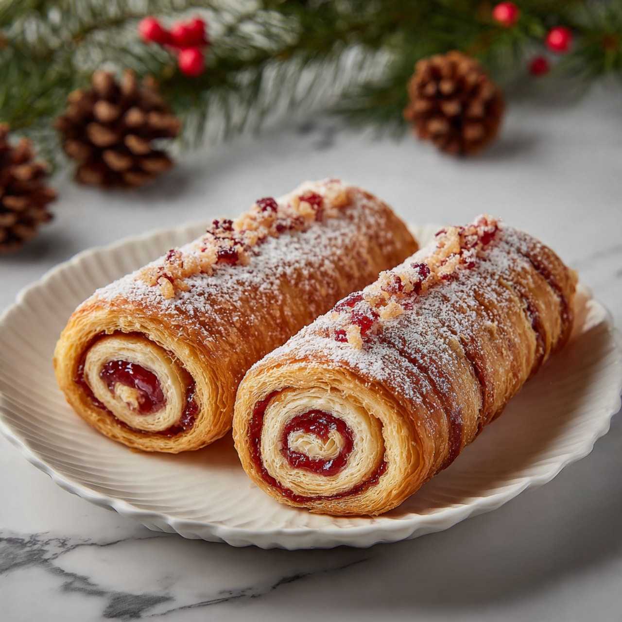 Two golden brown puff pastry rolls lie side by side on a white plate with a wavy edge, each roll showing several spirals. The outer layer is flaky and crisp, with a light dusting of powdered sugar and bits of crunchy nuts and small red fruit pieces on top. Inside, there is a thick, deep red fruit filling that is glossy and smooth, swirled tightly with a soft, pale cream layer. The plate rests on a white marbled surface with blurred green pine branches, red berries, and pine cones in the background. Photo taken with an iphone --ar 4:5 --v 7