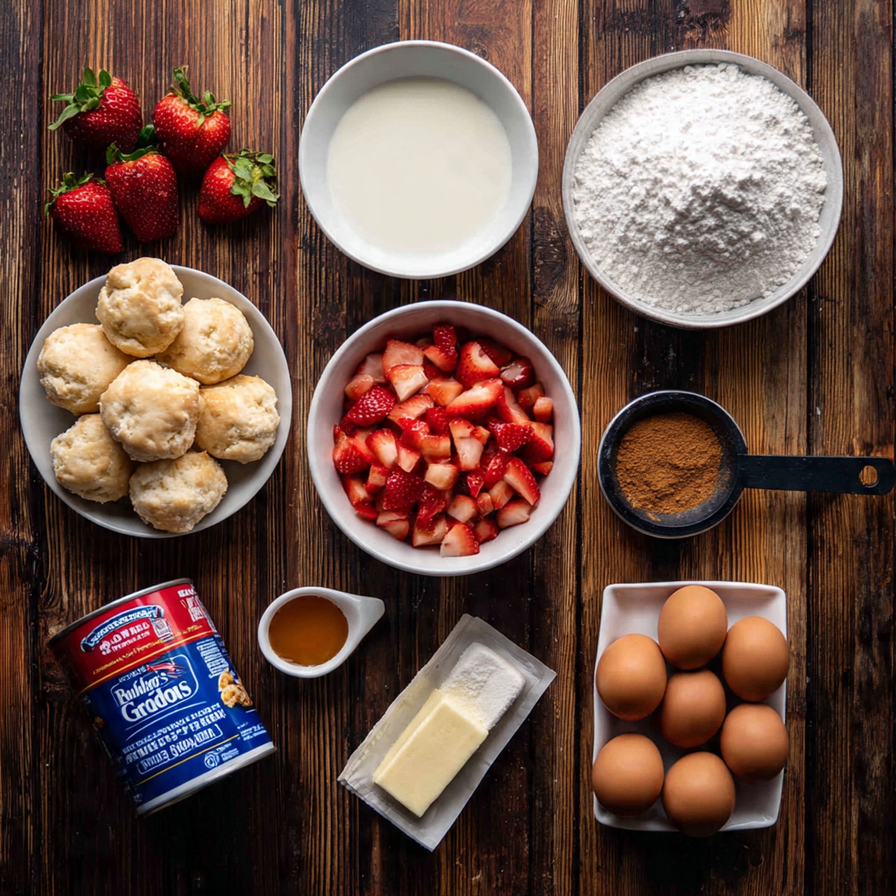Top view of various baking ingredients arranged on a dark wooden surface. There are three fresh whole strawberries at the top left. Below them is a small white bowl filled with light cream or milk. To its right is a larger white bowl filled with fine white powdered sugar. Below the cream bowl is a white bowl filled with chopped fresh strawberries showing red and pale pink juicy pieces. Next to it is a small white bowl with amber-colored maple syrup. Right of the maple syrup is a small white measuring cup holding light cream or milk. Slightly below to the left is a blue and red can of Pillsbury Grands! biscuits lying on its side. To the right of the can is a white measuring spoon full of brown cinnamon powder. Near the bottom left is a stick of butter in white wrapper, a black measuring cup full of white sugar, and at the bottom right corner is a white dish holding four brown eggs. The texture beneath the items is dark wooden blocks arranged in a pattern photo taken with an iphone --ar 4:5 --v 7