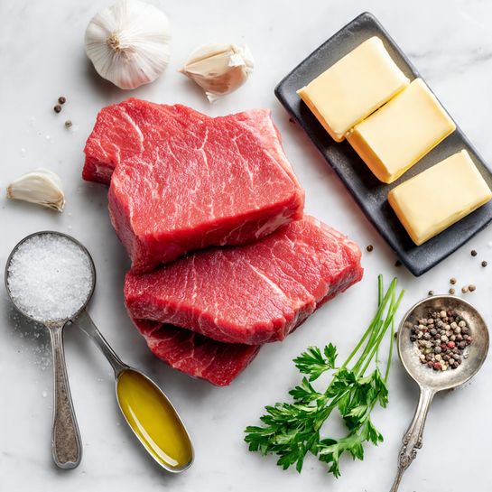 The image shows three thick slices of red marbled raw meat stacked slightly on top of each other on a white marbled surface. To the right, there is a small black rectangular dish with four pale yellow rectangular butter slices. Next to it are fresh green parsley sprigs with leafy stems. Above the meat are two garlic bulbs with white skin. Near the garlic, there are two metal measuring spoons, one filled with coarse white salt and the other with ground black pepper. Below the meat, there is another metal measuring spoon with pale yellow oil. Everything is arranged neatly on the white marbled background. photo taken with an iphone --ar 4:5 --v 7
