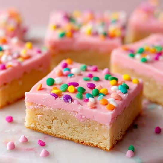The image shows several square bars with two layers, placed on a white marbled surface. The bottom layer is light golden brown with a soft, smooth texture, resembling a dense cookie base. The top layer is thick, creamy, and pastel pink, spread evenly across the bars. Colorful, round confetti sprinkles in green, yellow, orange, pink, purple, white, and blue decorate the pink layer, scattered playfully across the surface and around the bars. The focus is on one bar in the center, with others slightly blurred in the background. photo taken with an iphone --ar 4:5 --v 7