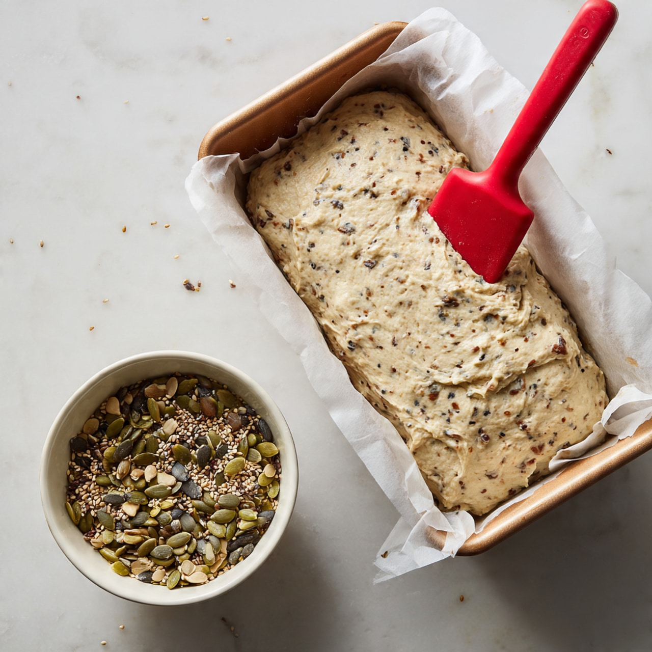 A rectangular bread pan lined with white parchment paper is filled with a thick, speckled dough that is light beige with dark flecks, spread evenly and slightly textured on top with a red spatula that rests inside the pan. Next to the pan on a white marbled surface, there is a white bowl filled with a mix of seeds including pumpkin and sesame seeds. The setup is simple and clean, with the focus on the dough and seeds. photo taken with an iphone --ar 4:5 --v 7