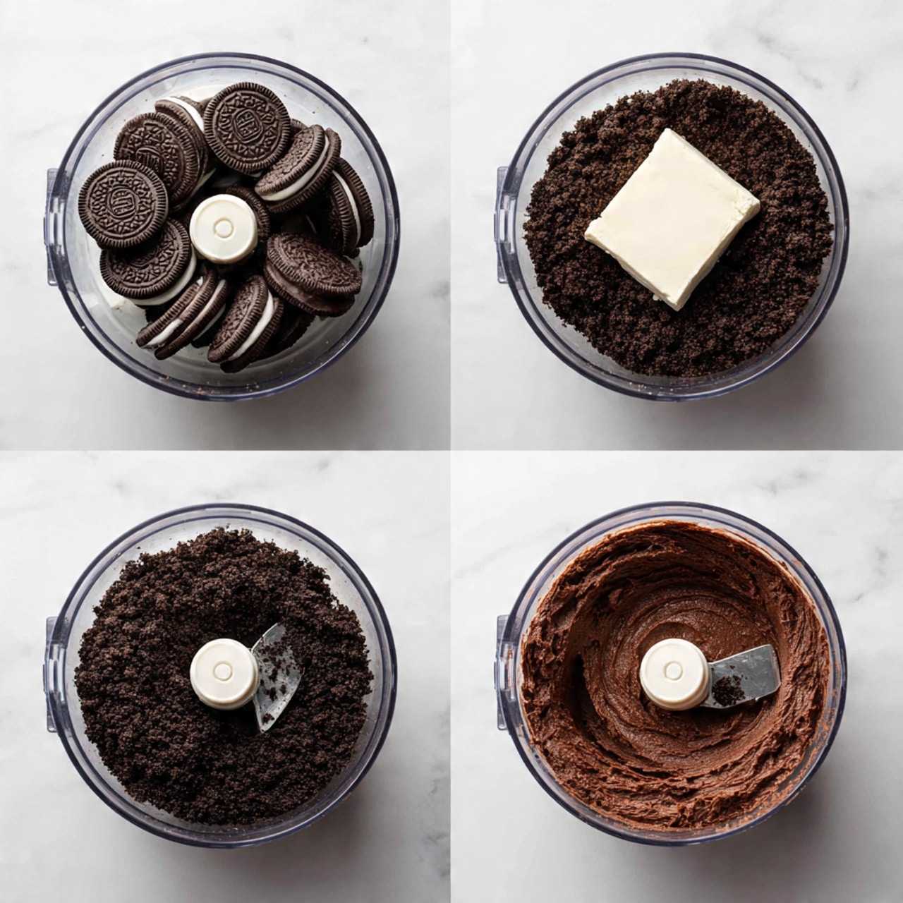A clear food processor bowl sits on a white marbled surface, shown in four steps. In the first step, the bowl is filled with whole round chocolate sandwich cookies with white cream filling, dark brown in color. In the second step, the cookies are finely crushed into a dark brown, crumbly powder covering the bowl’s bottom. In the third step, a white block of cream cheese is added on top of the dark cookie crumbs. In the fourth step, the mixture is fully blended into a smooth, thick dark brown batter with a moist, dense texture inside the bowl. Photo taken with an iphone --ar 4:5 --v 7