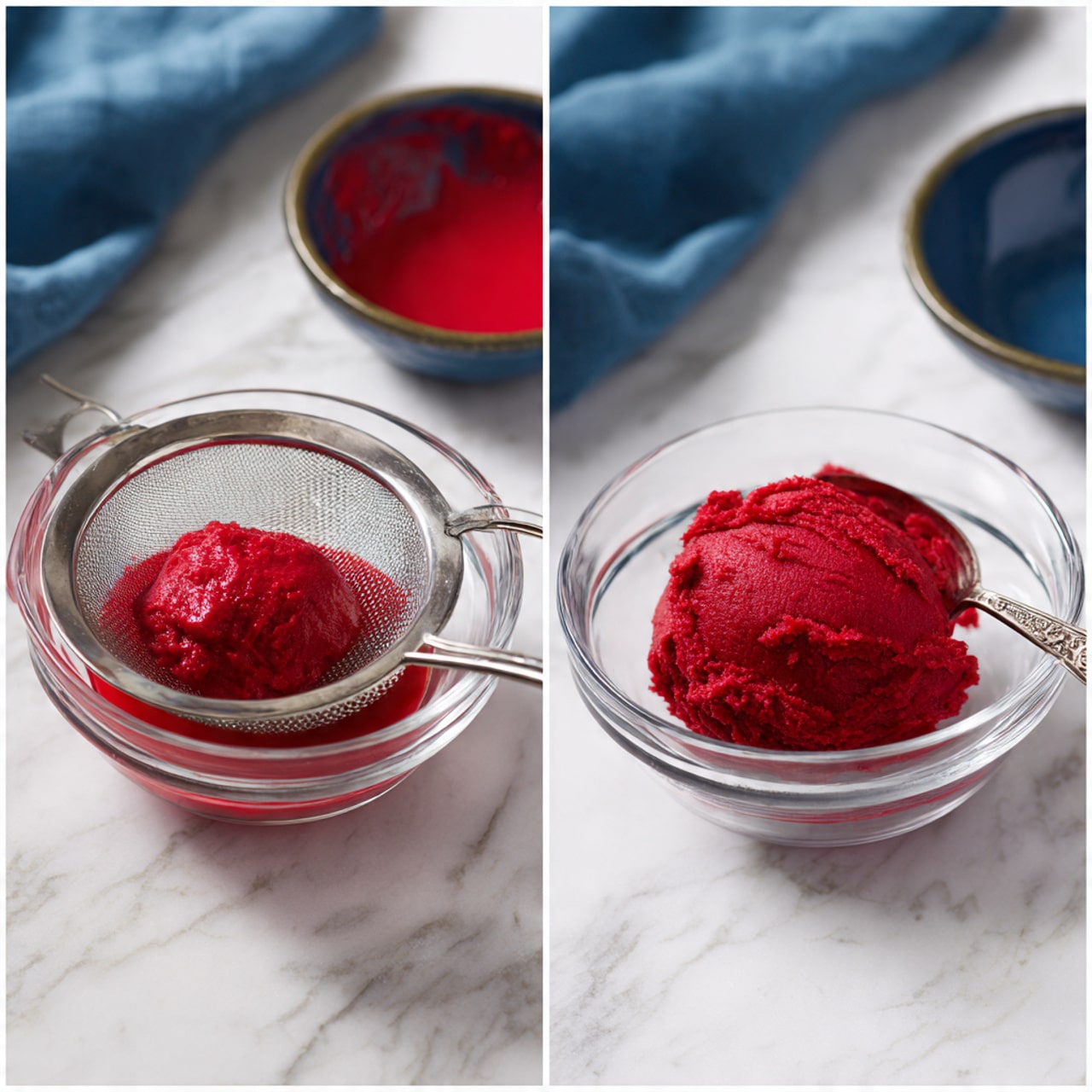 The image shows two side-by-side photos on a white marbled surface. On the left, a shiny silver strainer sits on a transparent glass bowl, with bright red thick liquid inside the strainer and a silver spoon resting in it. A dark bowl with some red residue is in the background, along with a blue cloth. On the right, a clear glass bowl contains a thick mound of red pulp in the center, with a similar dark bowl and blue cloth in the background. The red colors are vibrant, and the textures in both bowls are smooth but dense. photo taken with an iphone --ar 4:5 --v 7