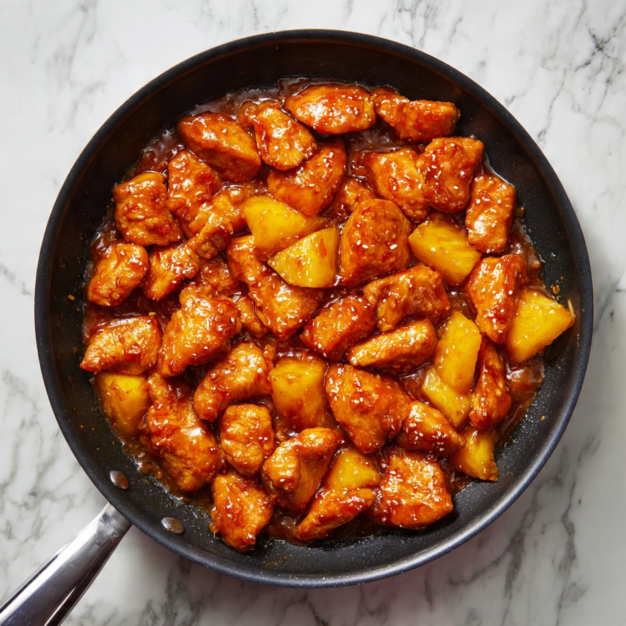 In a black skillet, there are many small, shiny, orange-brown pieces of cooked chicken, coated in a sticky, glossy sauce. Between the chicken pieces, there are several yellow chunks of pineapple visible. The sauce looks thick and caramelized, with steam rising softly from the hot pan. The dish sits on a white marbled surface. photo taken with an iphone --ar 4:5 --v 7