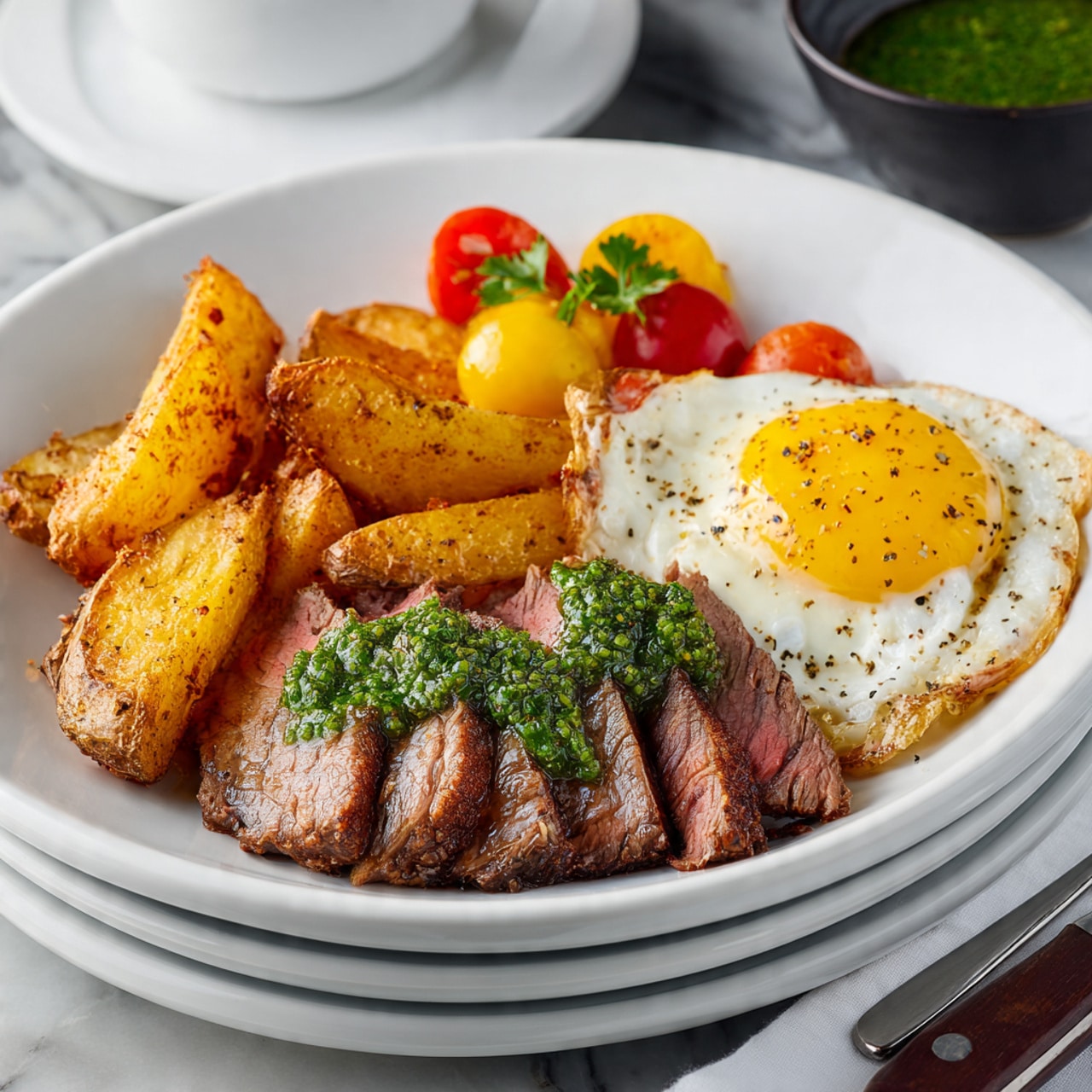 The image shows two raw red steaks with white fat lines on a black tray placed on a wooden table. To the right, a white bowl is full of yellow potatoes, some whole and some halved. Below the bowl, there is a white egg tray holding four white eggs. On the left side, a small green plate with a block of pale yellow butter, two small white bowls with green and mixed black pepper spices, a small white bowl with shredded white cheese, and a small green bowl with dark green pesto sauce are placed. There are also small white bowls with salt and chopped garlic, a small wooden bowl containing salt, and a small wooden bowl of colorful cherry tomatoes near some fresh green parsley leaves at the bottom. photo taken with an iphone --ar 4:5 --v 7