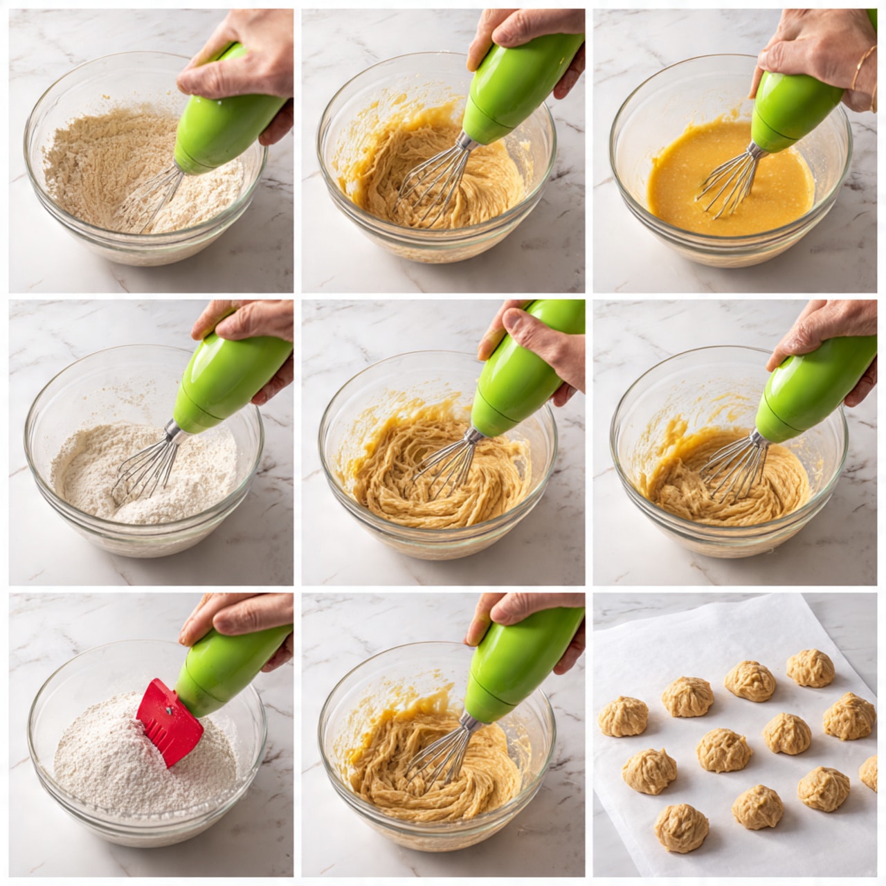 The collage shows six images of a woman’s hand mixing a light beige batter in a clear glass bowl on a white marbled surface. The first image shows the thick batter with a green hand mixer inside the bowl. The second image has a beaten orange-yellow mixture being mixed by a green hand mixer. The third image captures the green mixer blending the orange-yellow liquid into the batter. The fourth image shows the green mixer blending dry white flour being added to the batter. The fifth image shows the smooth batter being held and spread with a red spatula while the green mixer is still in the bowl. The last image shows small dollops of the beige batter evenly placed in rows on a white baking sheet lined with white parchment paper. photo taken with an iphone --ar 4:5 --v 7