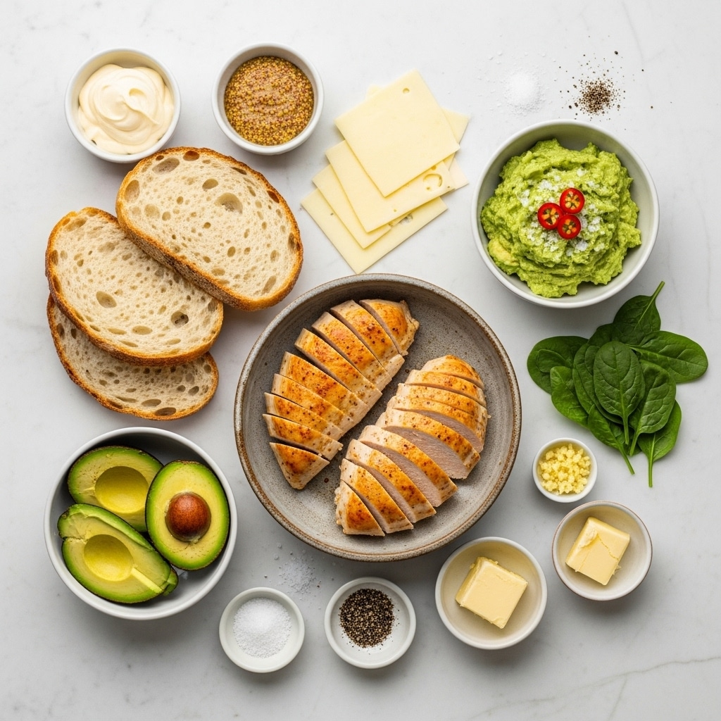 The image shows two sandwich halves stacked on a white plate, placed on a white marbled surface. Each sandwich has three layers of toasted white bread with a golden brown crust and a slightly charred texture. Inside, there are thick slices of light grilled chicken, green avocado spread that looks creamy, fresh green leafy spinach, and slices of red tomato. The sandwich layers are neat and clearly visible, showing the soft bread, fresh vegetables, and tender chicken in between. The photo taken with an iphone --ar 4:5 --v 7