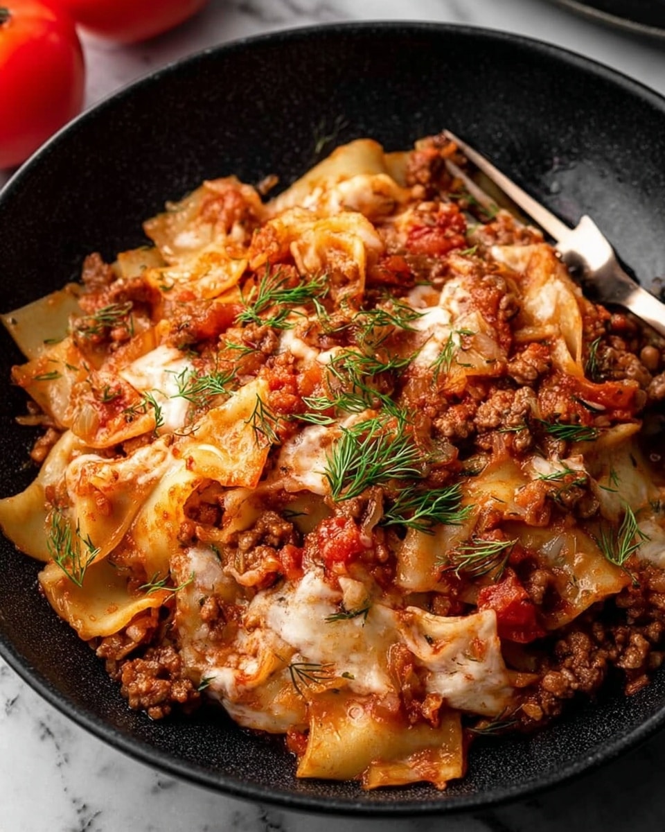 A close-up of a black bowl filled with a layered pasta dish. The bottom layer has wide flat pasta pieces in a light cream color. Above that, there is a red sauce mixed with small bits of ground meat and some melted cheese forming creamy white patches scattered over the pasta. Small green dill sprigs are sprinkled on top for garnish. Around the bowl, parts of a red tomato and a white marbled surface are visible, with a woman's hand holding a fork near the dish. Photo taken with an iphone --ar 4:5 --v 7