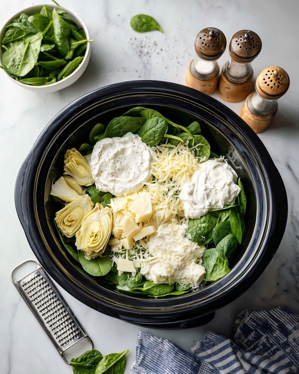 A black slow cooker filled with layers of ingredients starting with a base of fresh green spinach leaves. On top, there are creamy white dollops of sour cream and cream cheese placed on opposite sides. Shredded pale yellow mozzarella cheese and grated Parmesan cheese add texture and color, scattered around the center where finely chopped garlic and roughly chopped pale yellow artichoke hearts sit. All ingredients are arranged neatly inside the slow cooker, set on a white marbled surface with a white bowl of fresh green spinach nearby, a striped blue and white cloth, and salt and pepper shakers beside a metal grater. Photo taken with an iphone --ar 4:5 --v 7