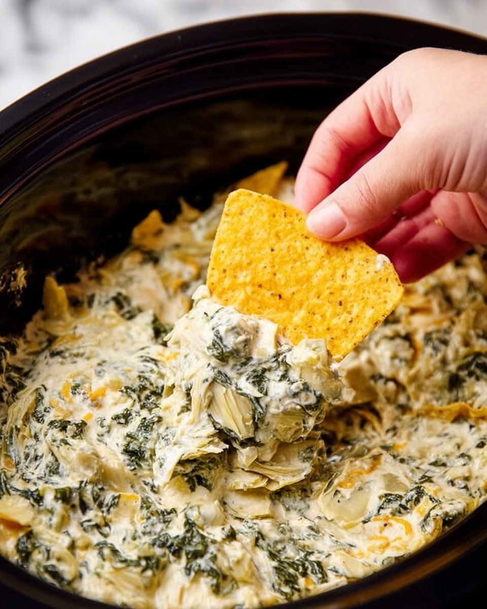A close-up view of a creamy spinach and artichoke dip in a black slow cooker. The dip shows mixed green spinach leaves and chunks of pale artichoke hearts all blended into a thick, white, cheesy sauce with a slightly uneven texture. A woman’s hand is dipping a large, bright yellow, triangular corn chip into the thick dip, with the chip's rough, grainy surface clearly seen. The background features a white marbled surface. photo taken with an iphone --ar 4:5 --v 7