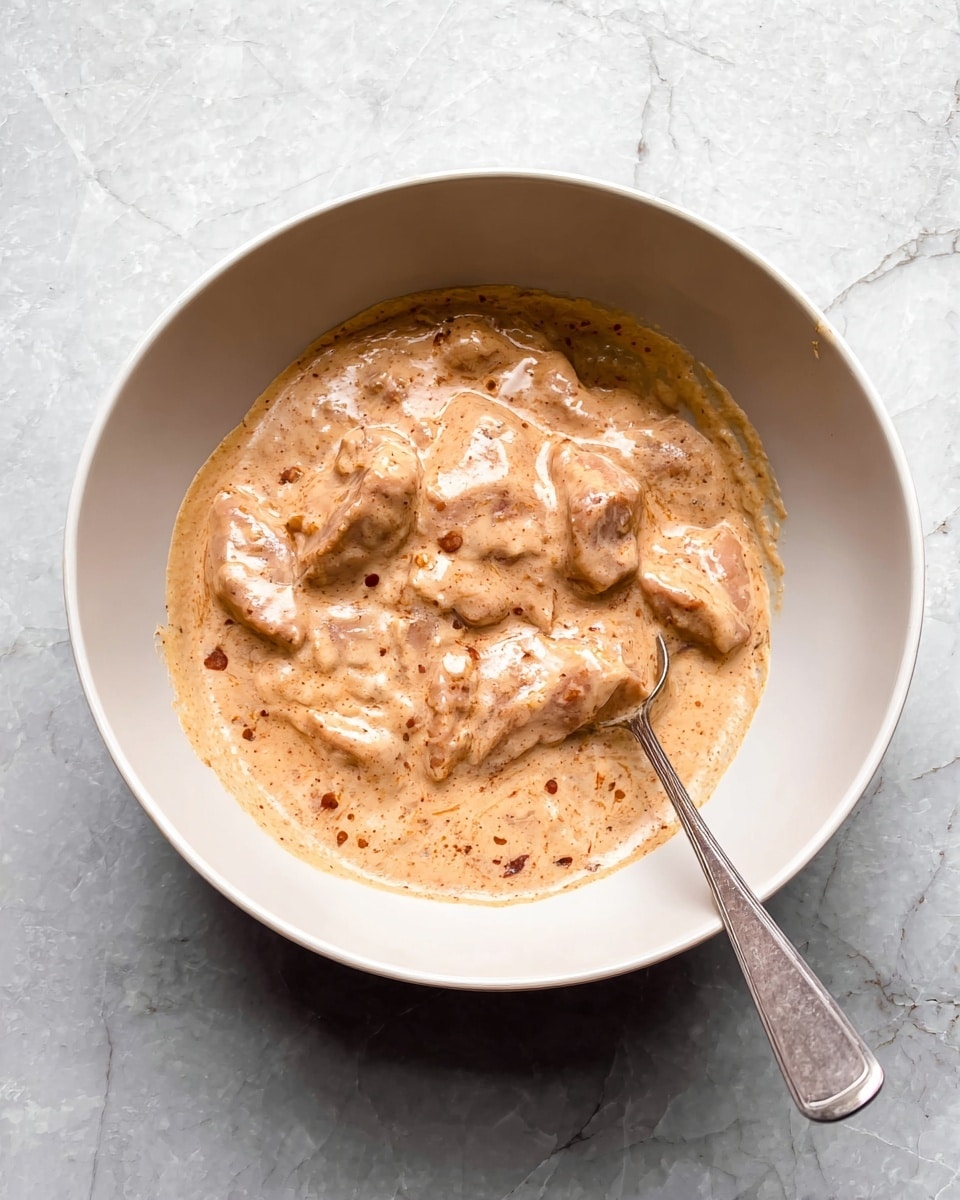 Inside a large white bowl, there is a creamy mixture that covers several pieces of raw meat. The sauce is light brown with a smooth, thick texture, lightly speckled with darker spices. The meat pieces underneath are slightly visible, showing a pale pink shade through the sauce. A silver spoon rests inside the bowl, partially submerged in the mixture with its handle extending outwards. The bowl sits on a surface with a white marbled texture. Photo taken with an iphone --ar 4:5 --v 7