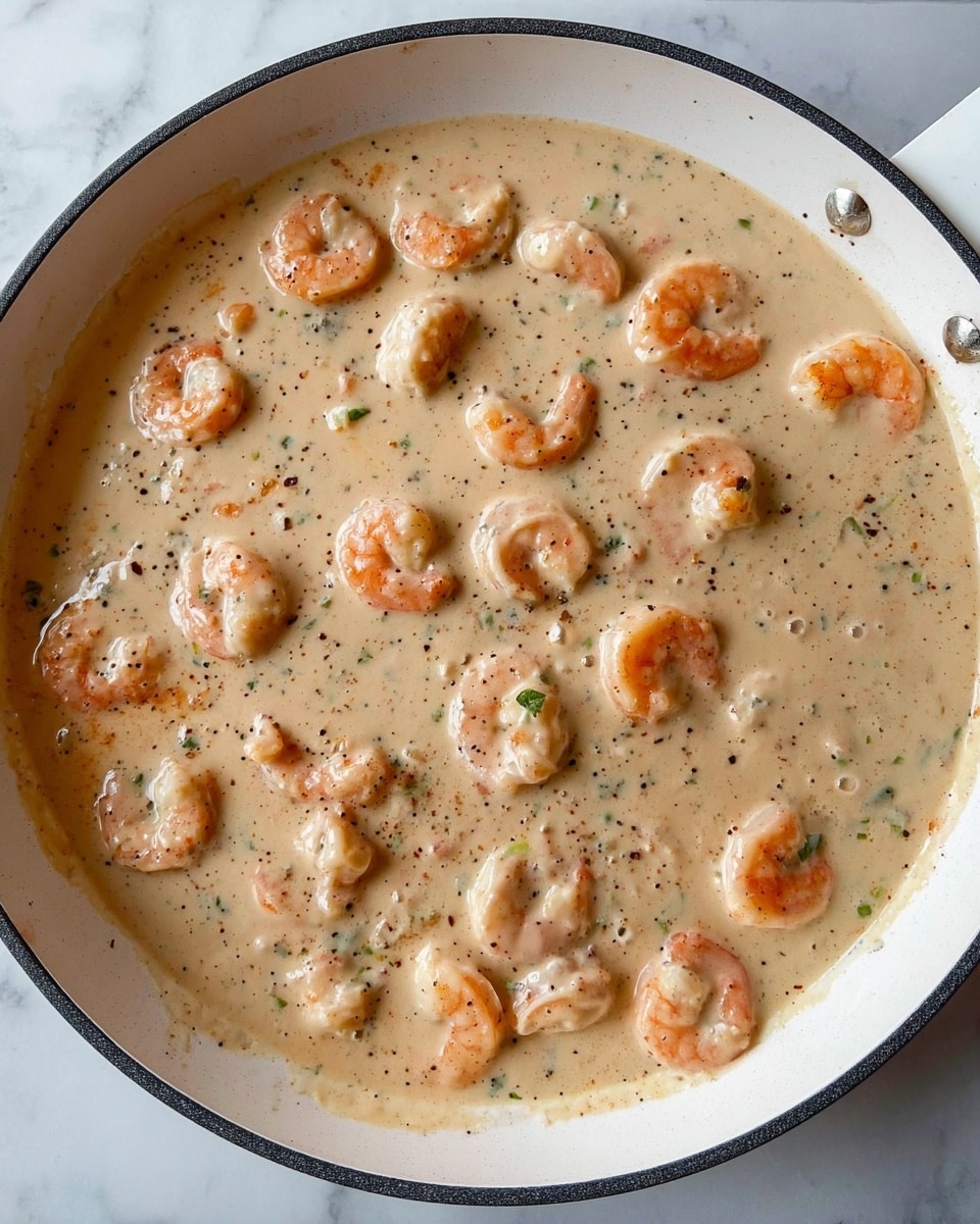 A round white pan filled with a thick, creamy sauce that is light beige in color with visible black pepper specks. Scattered evenly throughout the sauce are soft, pink shrimp, some curled and others slightly open, with hints of green herbs mixed in. The creamy sauce has a smooth texture with small bubbles near the edges. The pan rests on a white marbled surface. photo taken with an iphone --ar 4:5 --v 7