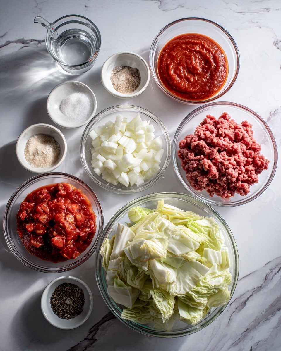A white marbled surface holds eight clear glass bowls filled with cooking ingredients arranged in a loose circle. At the center bottom is a large bowl filled with light green cabbage pieces showing their layered leaves. To the right is a bowl with raw ground meat that is deep red and textured. Next to it, a bowl contains white chopped onions with soft cube shapes. Above the onions is a bowl filled with smooth, deep red tomato sauce. To the left of that, a bowl holds crushed tomatoes with chunky texture and darker red color. Above cabbage, a small bowl of minced garlic rests. Nearby are two smaller bowls containing granular white salt and finely ground black pepper. Lastly, a small measuring cup with clear water sits at the top left. The bowls are spaced with clean, bright lighting on the white marbled background photo taken with an iphone --ar 4:5 --v 7