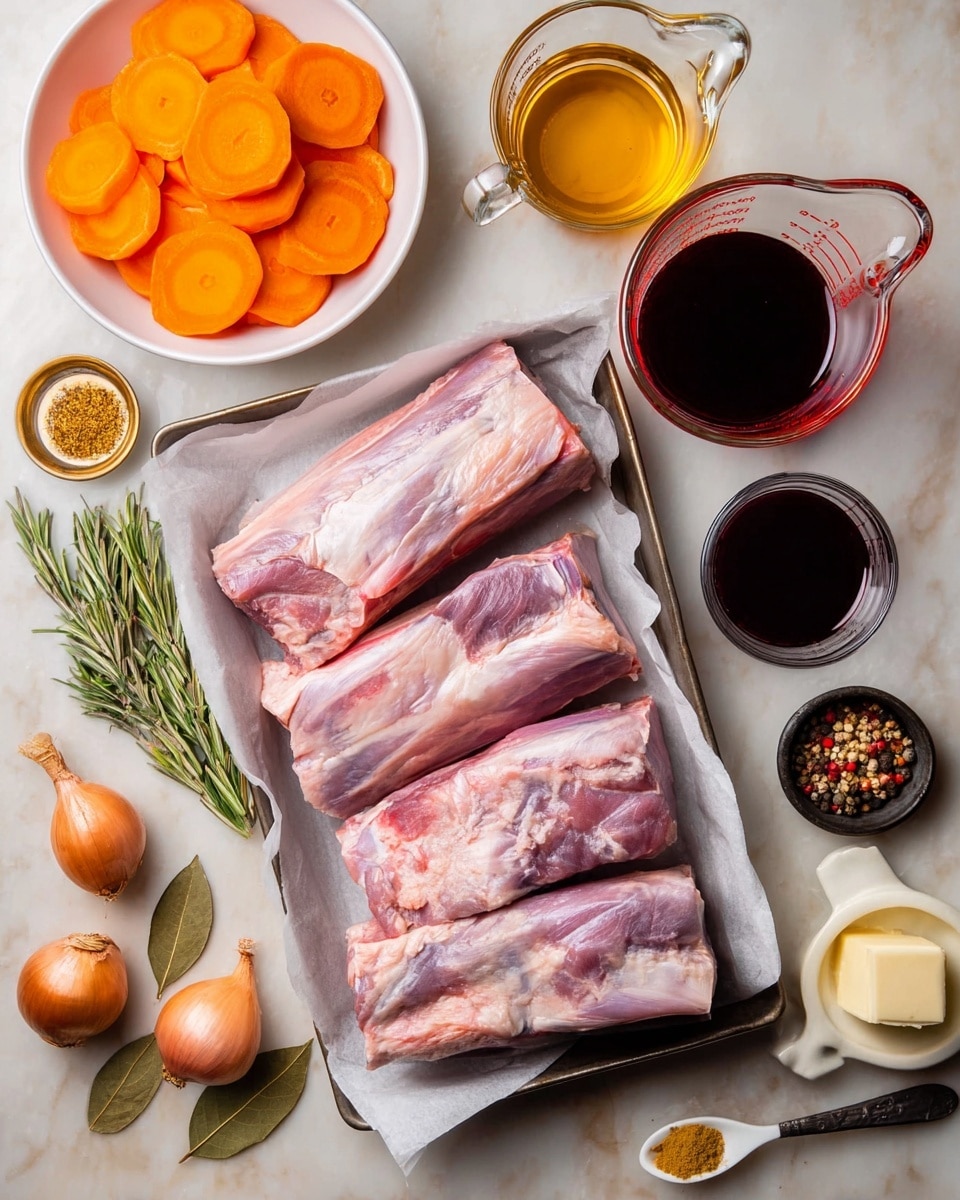 The image shows five raw, light pink meat bones with visible muscle and fat, lying on white parchment paper in a metal tray at the center; above and around the tray are several ingredients including a white bowl filled with thick-cut bright orange carrot slices at the top left, a transparent measuring cup with golden brown liquid next to it, a larger transparent measuring cup with dark red liquid to the right, a small white bowl with off-white soft butter, and a tiny ceramic cup with thick dark brown sauce on the lower right; on the bottom left, there are three small brown shallots, fresh green rosemary sprigs, two bay leaves, a small gold cup, a white spoon with a light brown spice, and a black bowl with various colorful spices; all items are arranged neatly on a white marbled surface. photo taken with an iphone --ar 4:5 --v 7