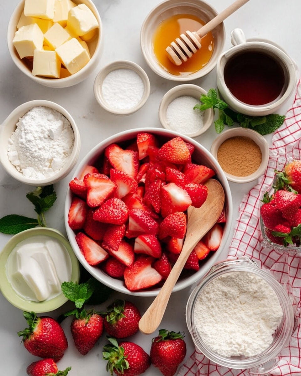 A scene showing several small white bowls and a white bowl filled with sliced bright red strawberries at the center, the strawberries cut in half and showing their juicy texture, with a wooden spoon inside this bowl. Surrounding it are small white and green bowls holding cubed light yellow butter, white flour, white granulated sugar, brown sugar, white baking powder, salt, honey with a wooden honey dipper, and a glass jar with cream. Fresh whole strawberries and green mint leaves lie on a white and red checkered cloth and directly on a white marbled surface nearby. The arrangement is neat and colorful with a clean, bright feel. Photo taken with an iphone --ar 4:5 --v 7