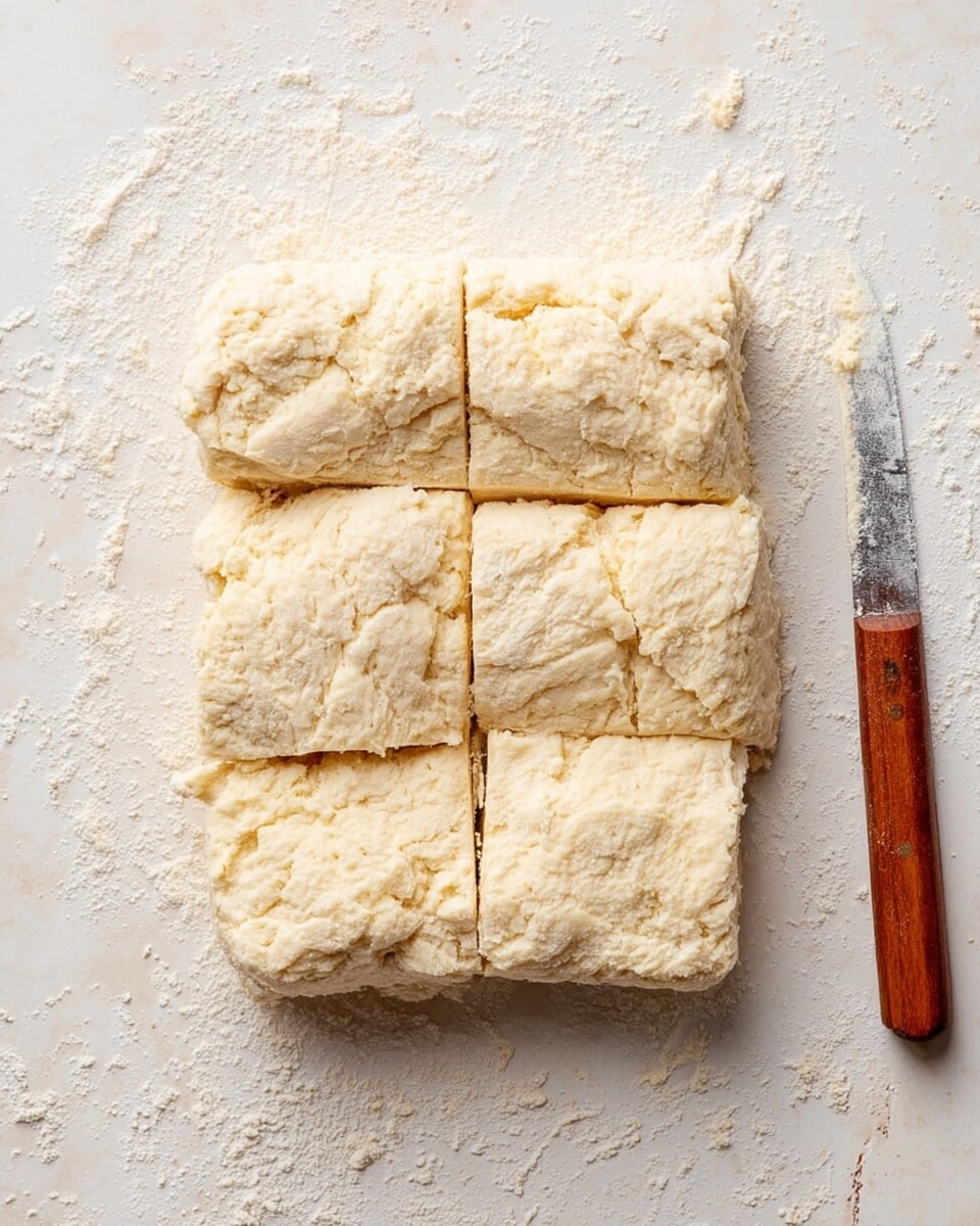 The image shows raw dough divided into six roughly equal rectangular pieces on a white marbled surface lightly dusted with flour. The dough has a soft, slightly lumpy texture and off-white color with a few cracks and creases visible on the surface. To the right side of the dough sits a wooden-handled knife partially in view, resting on the white marbled surface. The scene is simple and focuses on the dough pieces before baking photo taken with an iphone --ar 4:5 --v 7