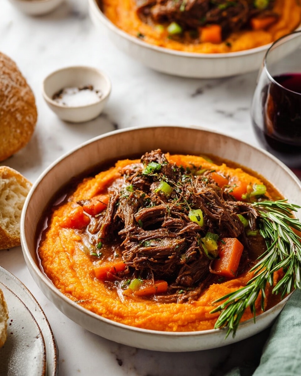 The dish shows a deep white bowl filled first with a smooth orange layer of mashed sweet potatoes, covering the bottom fully. On top of this is a pile of dark brown shredded meat mixed with chunks of cooked orange carrots and small green celery pieces, all glazed with a shiny brown sauce. A fresh green rosemary sprig is placed on one side of the meat as a garnish. The bowl sits on a white marbled surface, with part of a round crusty bread and a glass of dark red wine visible nearby. In the background, another similar bowl with the same food is partly visible next to a small white bowl holding salt and black pepper. photo taken with an iphone --ar 4:5 --v 7