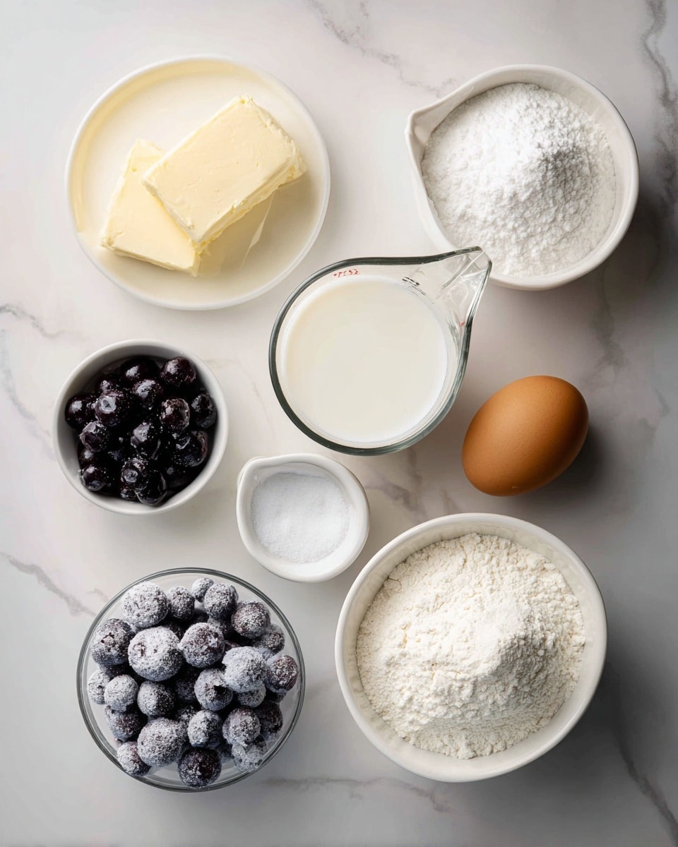 The image shows several ingredients laid out on a white marbled surface. There is a small white bowl with soft yellow butter at the top left, a clear measuring cup filled with white milk below it, and a white bowl full of white sugar to the right. An orange egg is placed near the sugar bowl. Below the egg, there is a small white bowl with white baking powder, and next to it is a white bowl filled with off-white all-purpose flour. To the bottom left, a clear bowl holds dark purple wild blueberries covered lightly with frost. Two tiny white bowls contain salt and vanilla, positioned between the milk and flour bowls. All items are evenly spaced, showing a clean and organized ingredient setup. Photo taken with an iphone --ar 4:5 --v 7