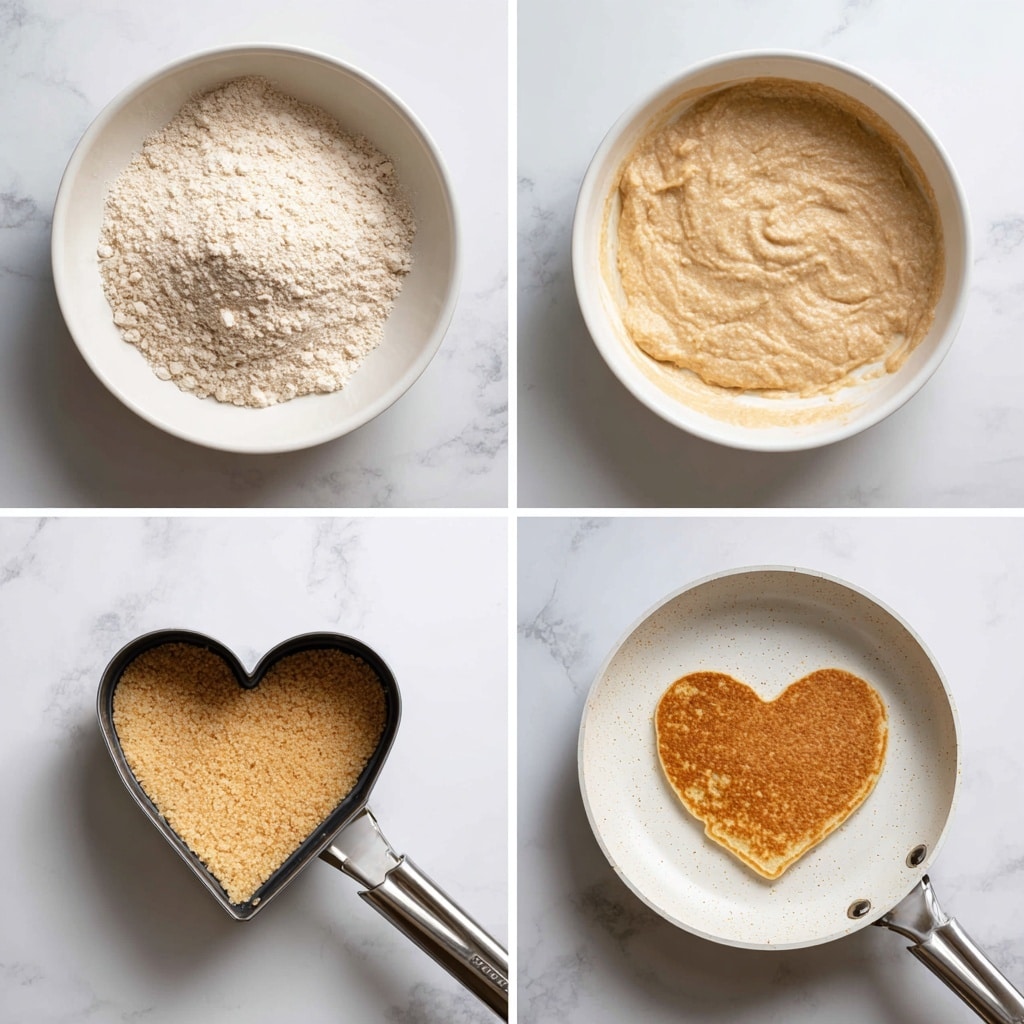 The image shows a four-step process of making a heart-shaped pancake. In the first panel, a white bowl filled with a dry, powdery white mixture sits on a white marbled surface. The second panel shows the same bowl now filled with a smooth, light beige batter mixed just until combined, also on the white marbled surface. The third panel presents a white frying pan with a heart-shaped cookie cutter placed in the center; the heart shape is filled with light beige pancake batter. The fourth panel shows the same pan after cooking, with the heart-shaped pancake turned golden brown and removed from the cutter. All items are on the white marbled surface. photo taken with an iphone --ar 4:5 --v 7