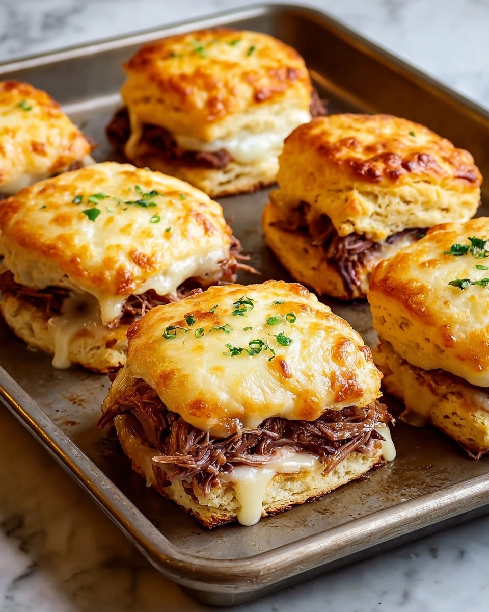 The image shows several small biscuit sandwiches arranged on a wooden tray. Each sandwich has two light golden-brown biscuit layers with a textured, fluffy look. Between the biscuit layers, there is a thick layer of dark brown sausage filling with a slightly crumbly texture. Some fresh green herbs are placed around the sandwiches on the tray, and there is a blue and white checkered cloth partially visible on the side. The whole scene is set on a white marbled surface. photo taken with an iphone --ar 4:5 --v 7