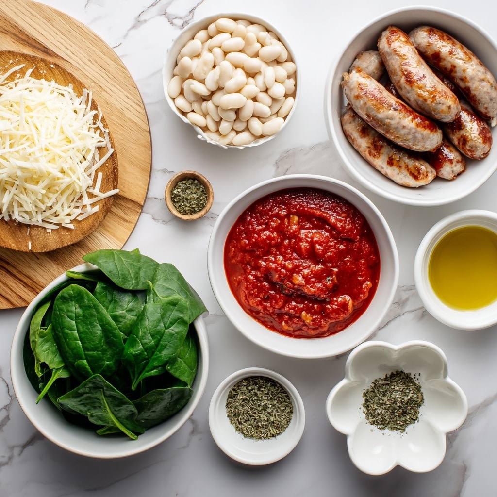 The image shows Italian sausage placed in a white round bowl on a white marbled surface next to a wooden board holding a small white bowl filled with white beans. There is a bowl of shredded mozzarella cheese, a flower-shaped white bowl with olive oil, and a larger white bowl filled with green baby spinach leaves around them. A round white bowl containing rich red marinara sauce sits near a tiny white bowl with dried oregano. The scene is arranged neatly on a white marbled texture background with soft, natural lighting. Photo taken with an iphone --ar 4:5 --v 7