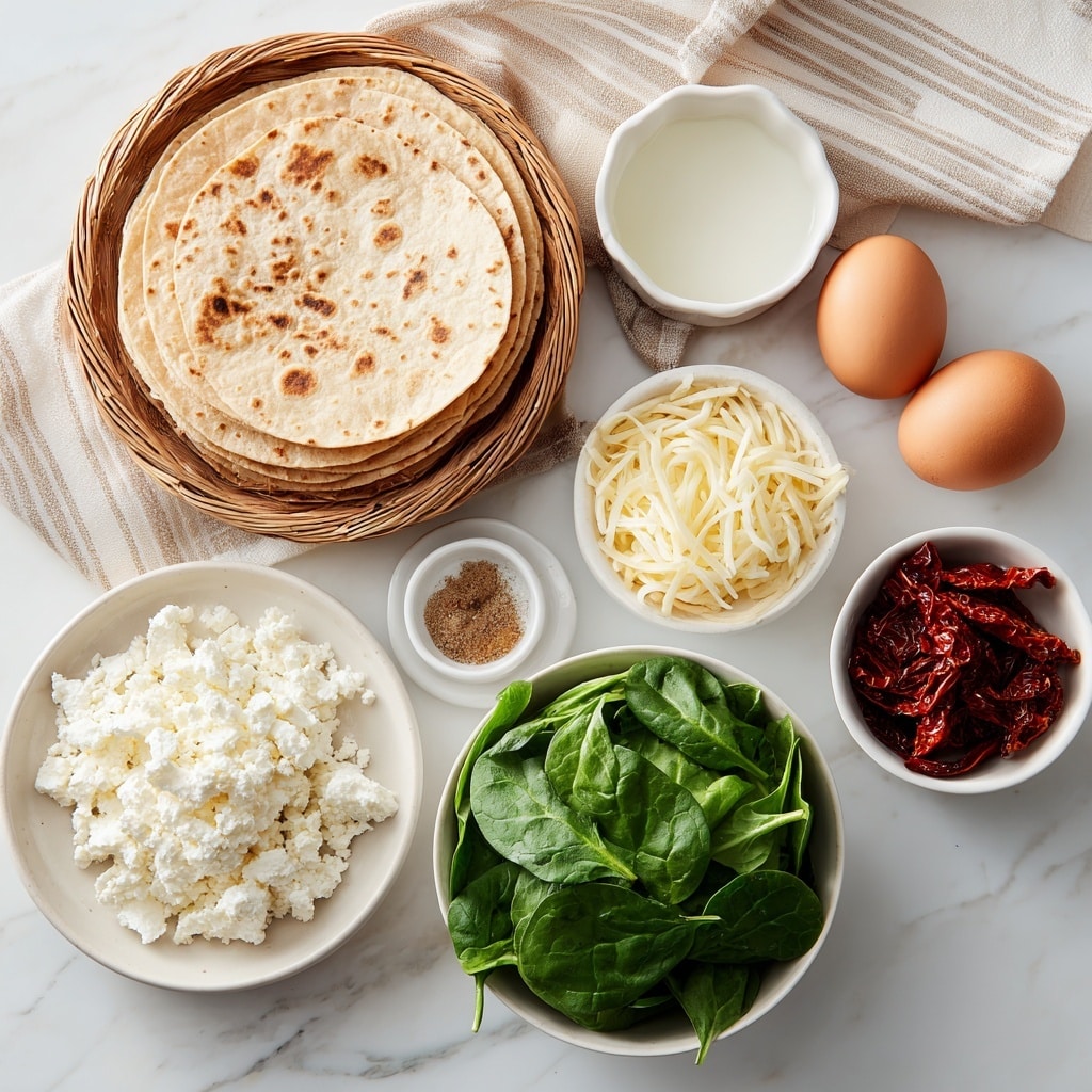 The image shows several small white bowls and plates arranged on a white marbled surface with a beige striped cloth underneath. At the top left, there is a stack of whole wheat tortillas in a basket. To the right, a small white bowl contains clear egg whites next to two whole brown eggs and an empty eggshell. Small white dishes hold salt and Italian seasoning side by side near the eggs. Below, a medium white bowl is filled with fresh, green baby spinach leaves. To the bottom left, a white plate piled with crumbly white feta cheese is next to a small white bowl of shredded mozzarella cheese. To the bottom right, a small white dish is filled with deep red sun-dried tomatoes. The overall setting gives a clean and fresh look with distinct layers of ingredients separated by color and texture, photo taken with an iphone --ar 4:5 --v 7