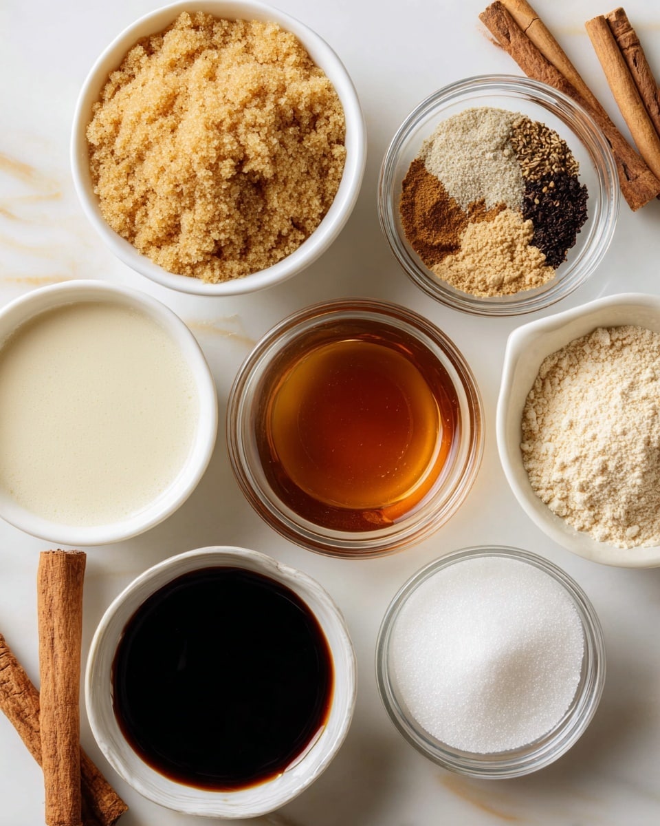 The image shows seven small white bowls arranged on a white marbled surface, each holding different baking ingredients. At the top left, a bowl holds golden brown sugar with a grainy texture. To its right, a clear bowl contains a mix of dark and light brown spices with a coarse texture. Next to that, another clear bowl is filled with light brown flour or sugar that looks soft and crumbly. In the center, a clear bowl holds a smooth, dark amber liquid, likely syrup. At the bottom left, there is a white bowl filled with a creamy white liquid. To the right of that, a white bowl shows a deep dark brown liquid, probably molasses or soy sauce. On the far right, another clear bowl contains fine white sugar. Around the bowls, there are a few cinnamon sticks placed on the marbled surface. Photo taken with an iphone --ar 4:5 --v 7